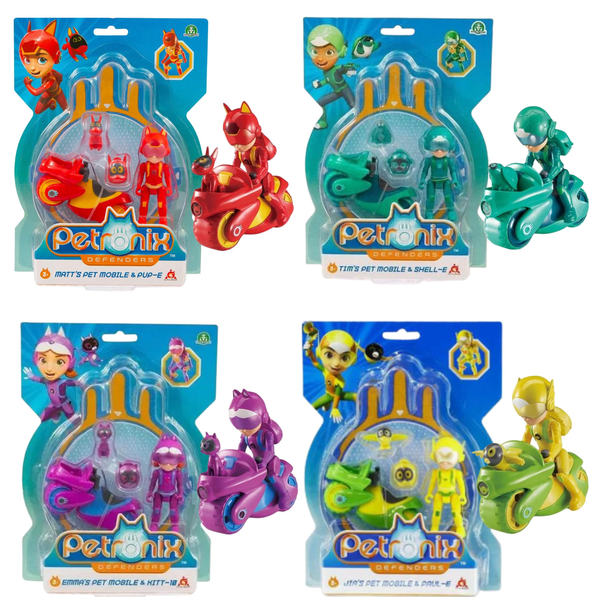 Giochi Preziosi Petronix Defenders 3" 8cm Action Figure, Vehicle & Accesory Sets - Complete Set of All 4 - Matt, Jia, Tim & Emma
