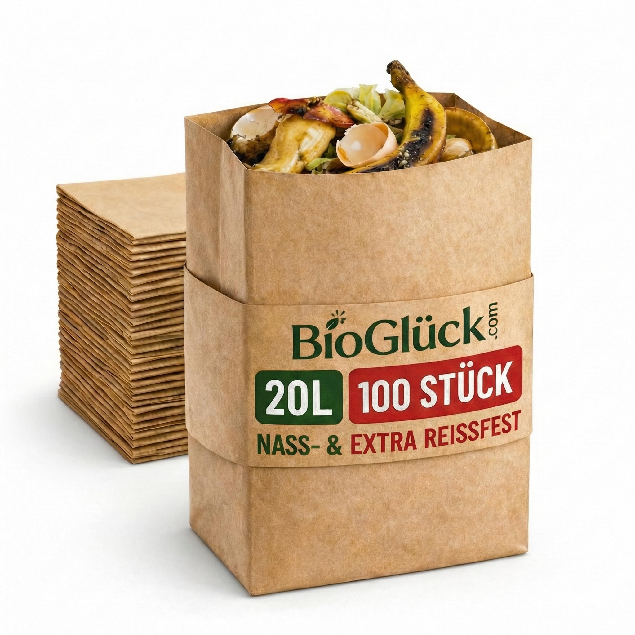 BIOGLÜCK® Biomüllbeutel 20L [100 Stück] Papiertüten für Biomüll – reißfest, nassfest & kompostierbar | Bio Müllbeutel aus Papier für Biomülleimer