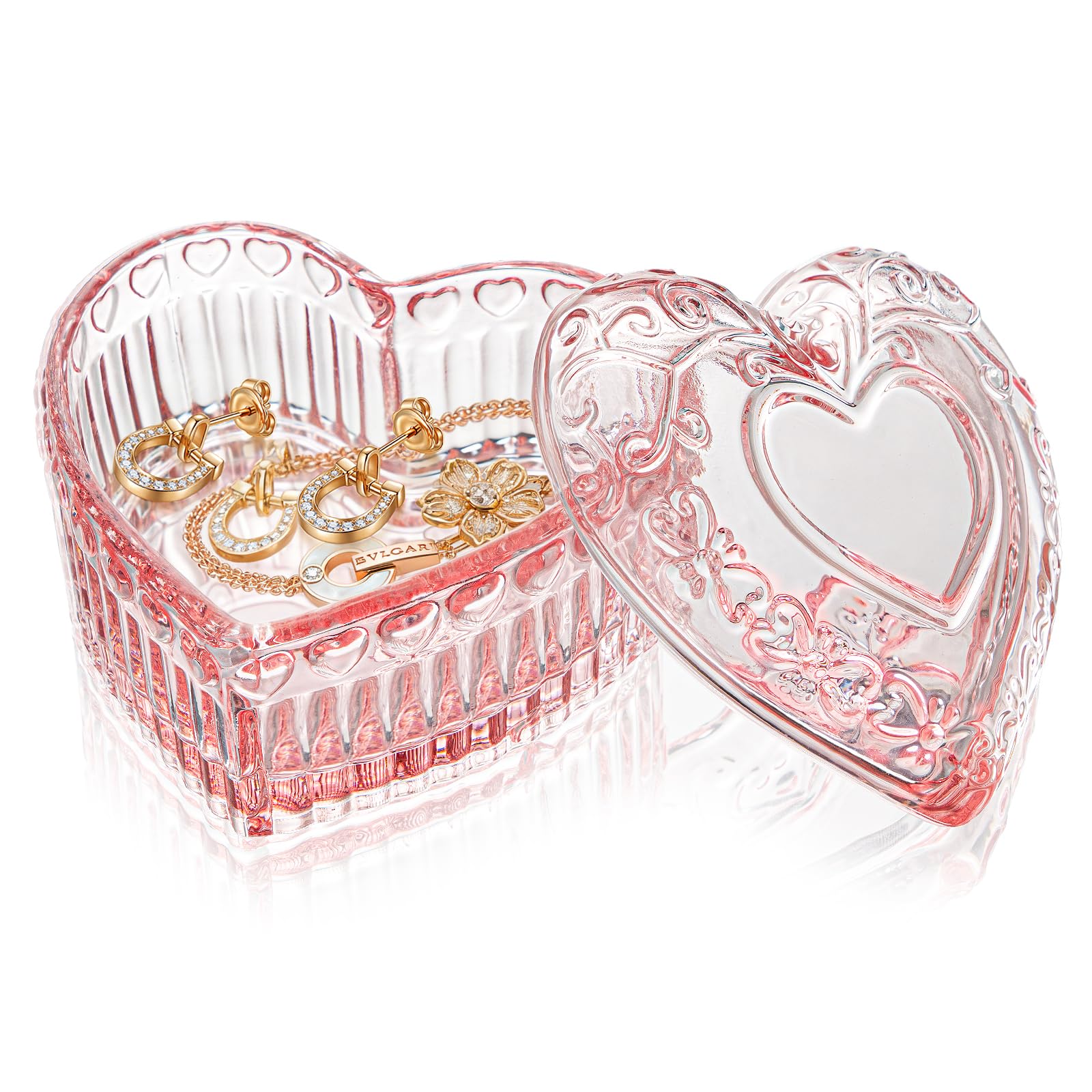 Glass Jewelry Box - Crystal Heart Shaped Jewelry Organizer Box Trinket Box for Rings Earrings Decorative Jewelry Gift