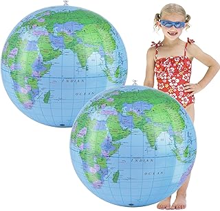 iTYOOS 2 Pieces Inflatable Globes Blow up Globe Inflatable World Globe Beach Balls Blow up Earth Beach Ball Large Pool Toys Inflatable World Education Globe Atlas Map Beach Ball Geography Science