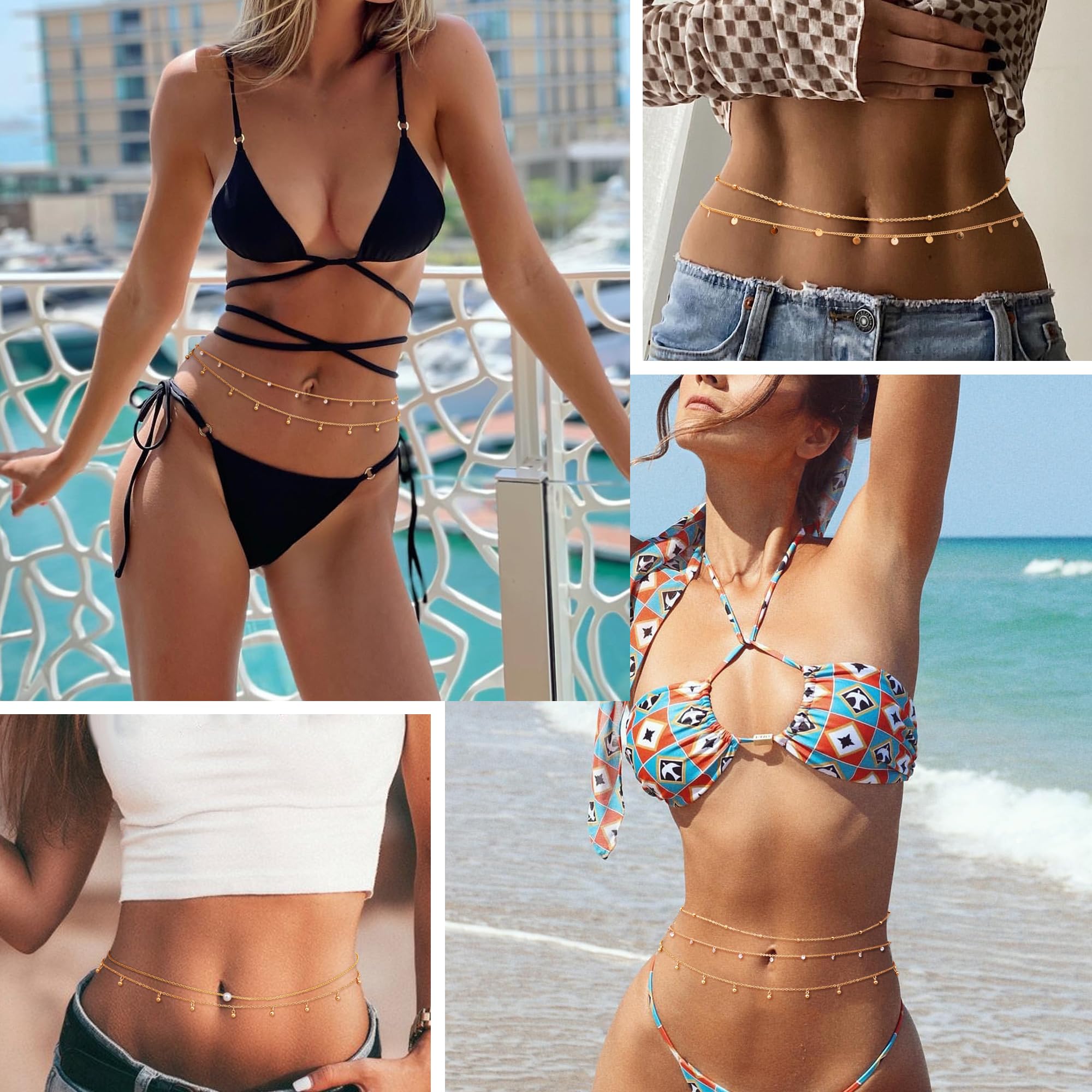 LOLIAS 6 szt., pozłacane 14-karatowym złotem, łańcuszki na ciało, dla kobiet, warstwowe, bikini, łańcuszki na brzuch do talii, lato, plaża, koraliki ze strasu, złe oczy, złota biżuteria do ciała