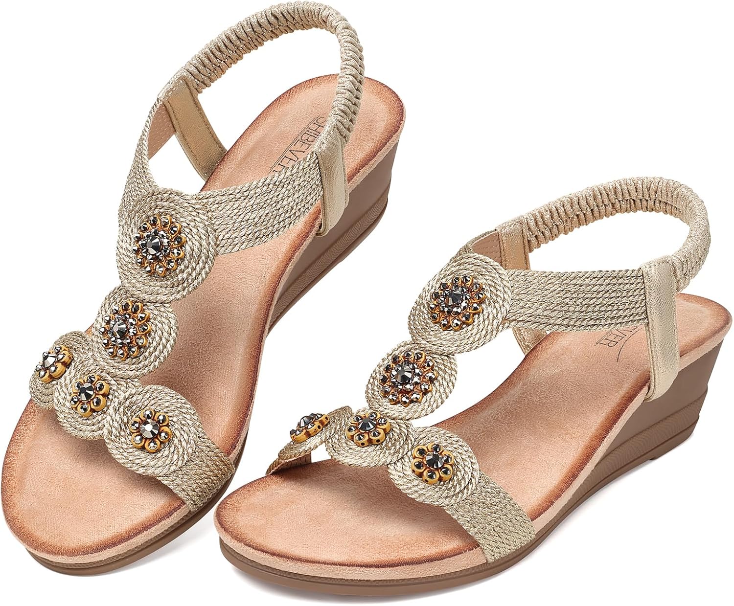 SHIBEVER Wedge Sandals for Women Low: Elastic Ankle Strap Open Toe - Dressy Bohemia Wedge Sandals - Comfortable Summer Size 9 - Image 6