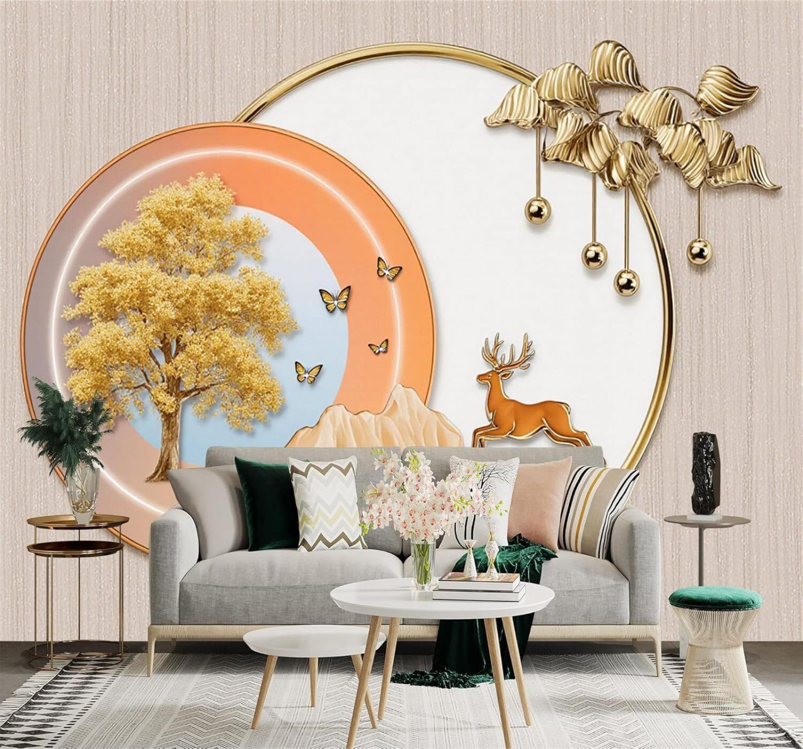 Xlming 250Cm×170Cm(B×H) Golden Trees Butterflies Mountains Fawns Art 3D Wallpaper Silky Texture Home Study Office Grey Dining Room Sofa Bedroom Living Room Tv Backdrop-250Cm×170Cm