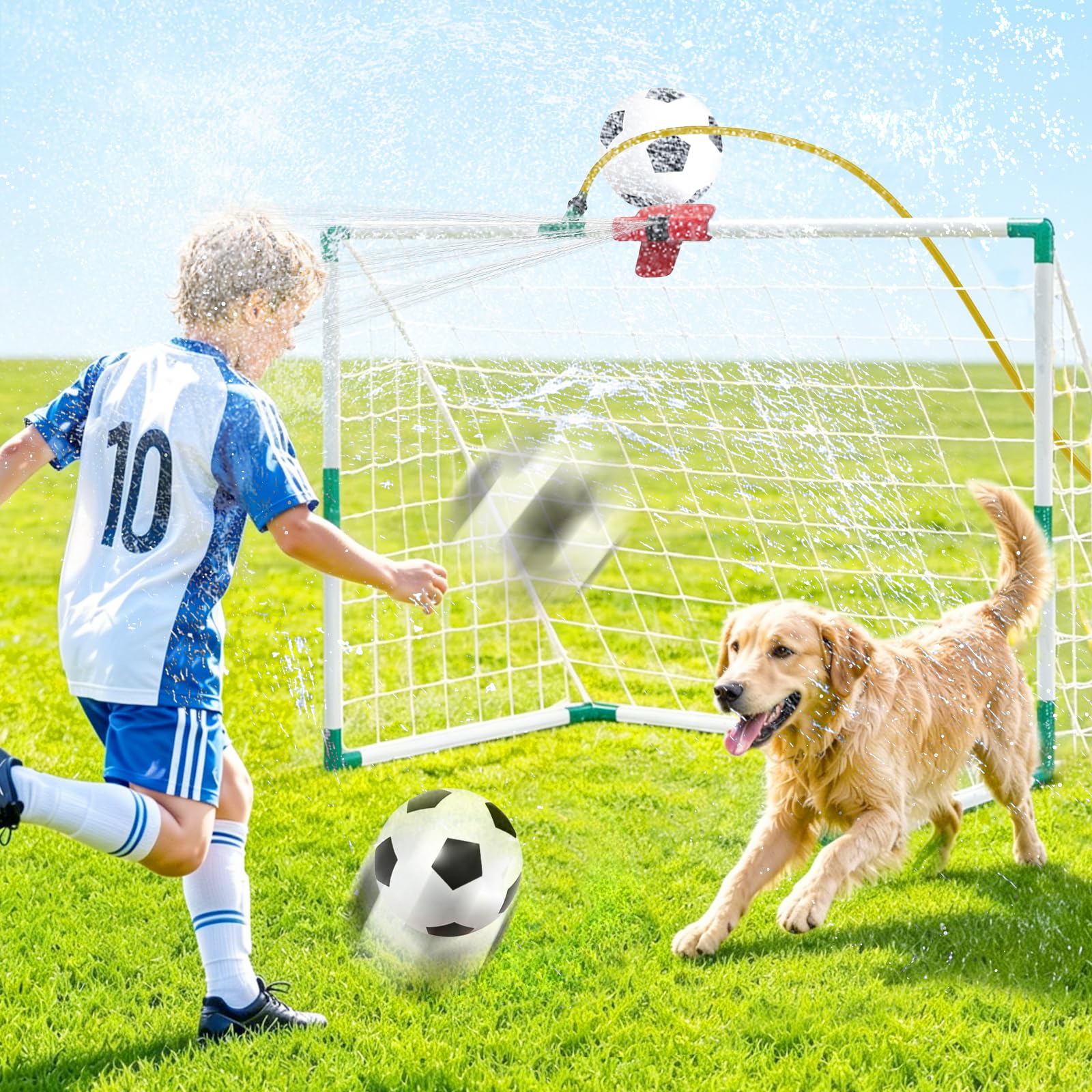 Water Sprinkler for Kids, 2-in-1 Football Garden Sprinkler Toys with Ball and Pump, Fun Summer Outdoor Sprinkler Toys for Boy and Girls