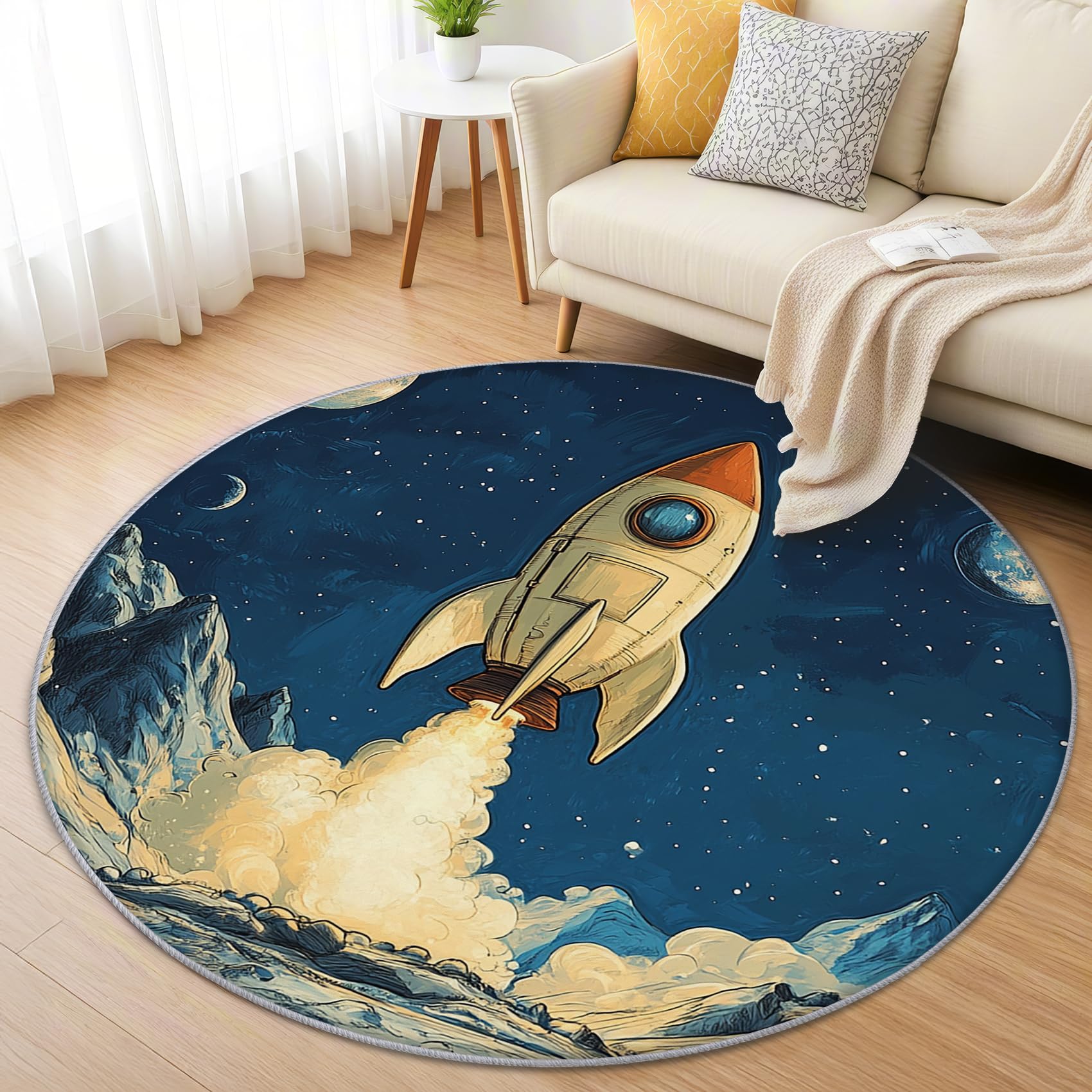 Rakete Teppich Rund 120cm Kurzflor - Waschbare Teppiche Wohnzimmer Kinder Weltraum Raketen Motiv - Runder Teppich 120 Durchmesser - Bettvorleger Schlafzimmer rutschfest Weich