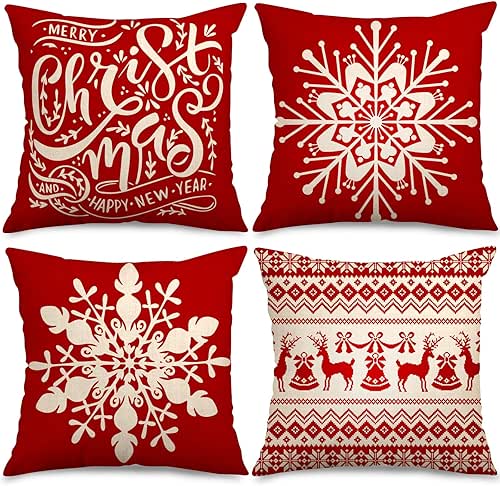 Whaline Christmas Pillow Case Red White Pillow Cover Snowflake Cushion