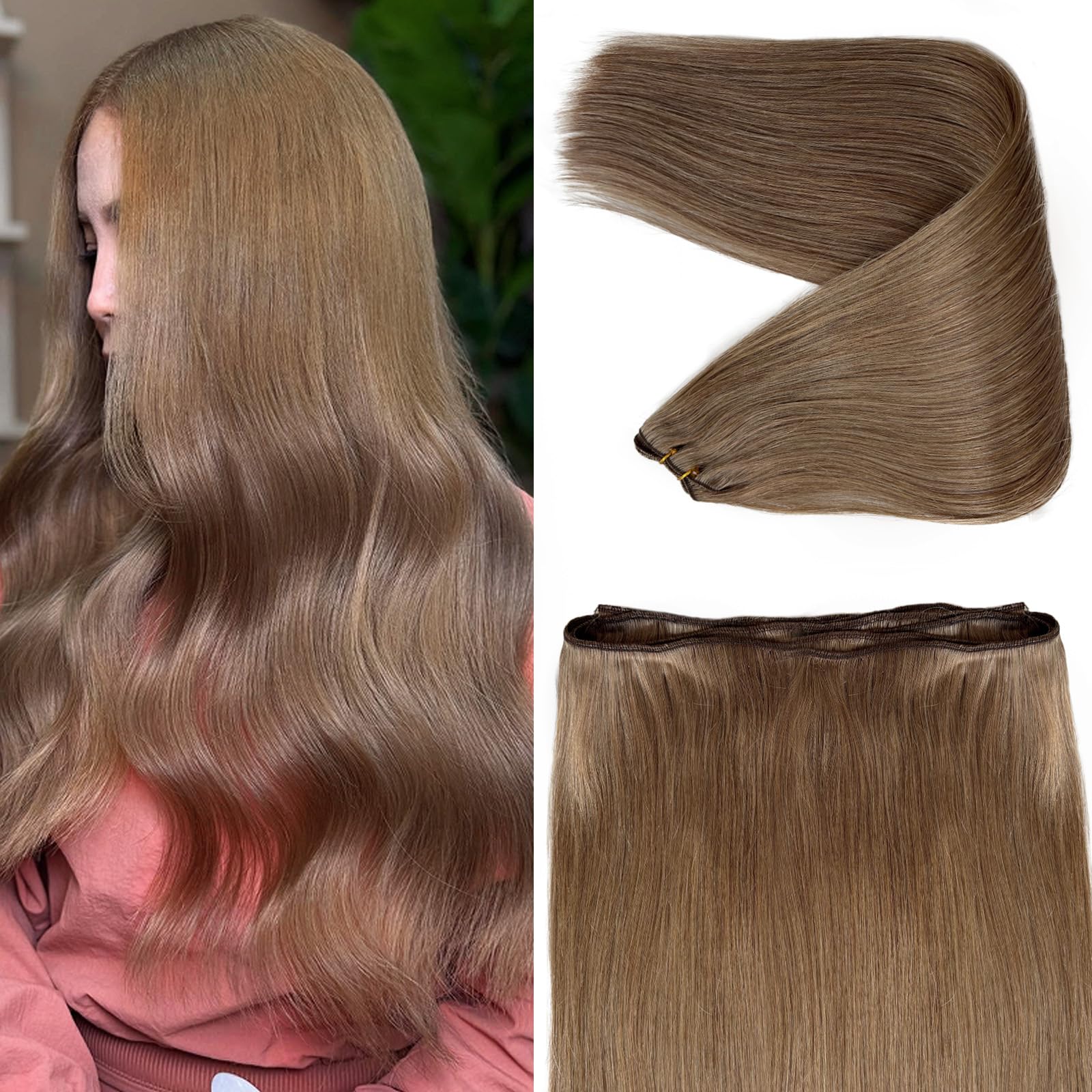 Licoville Ash Brown Human Hair Weft Extensions 22 Inch 120G Sew in Hair Extensions Real Human Hair Hand Tied Wefts Bundles #8 Light Ash Brown Soft