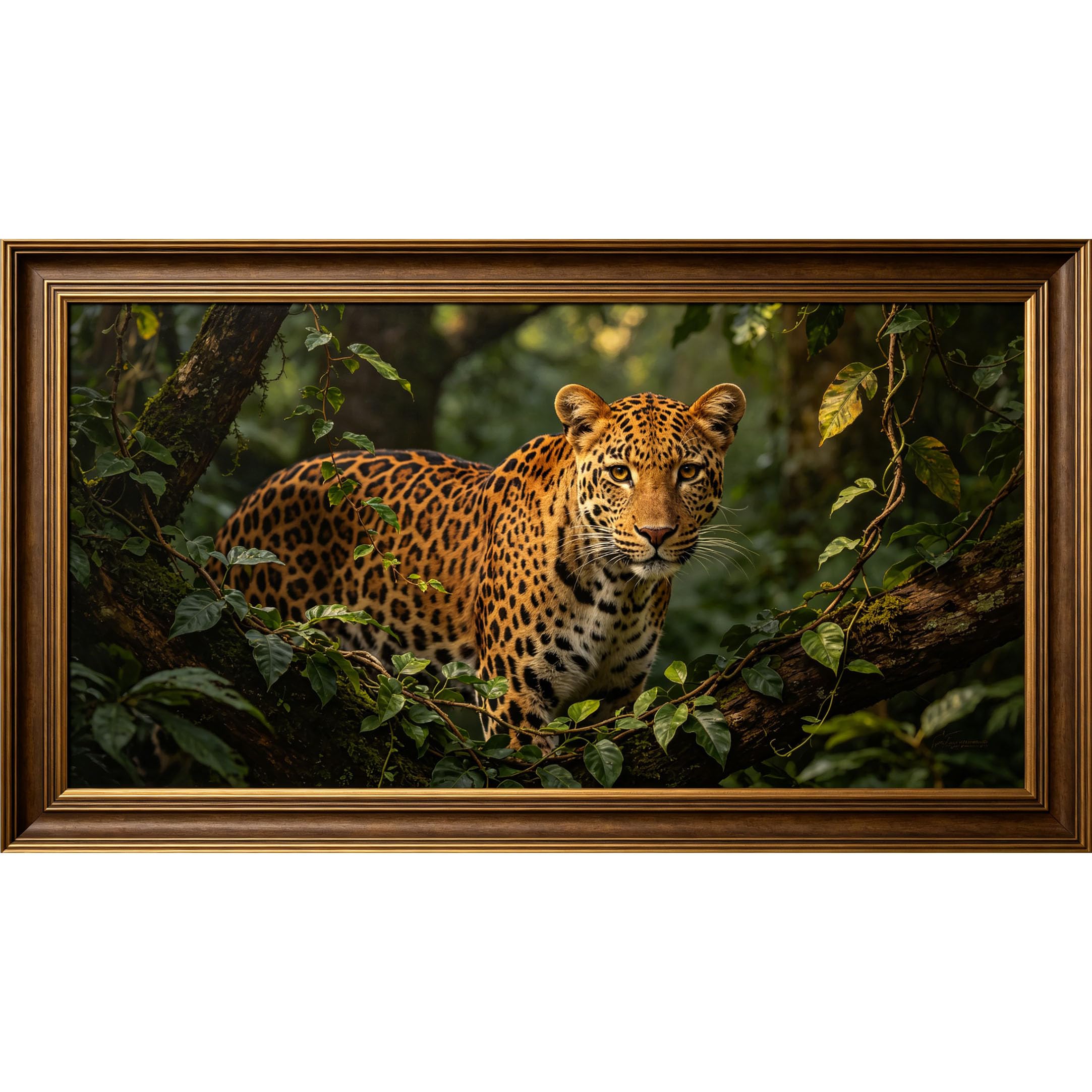 QZLITHOTIC 50x90cm3D Framed Wall Art， Jungle Leopard Wildlife Self‑Adhesive Mural， Water‑Activated Peel & Stick Fabric Decor Wall Decal for Bedroom Living Room