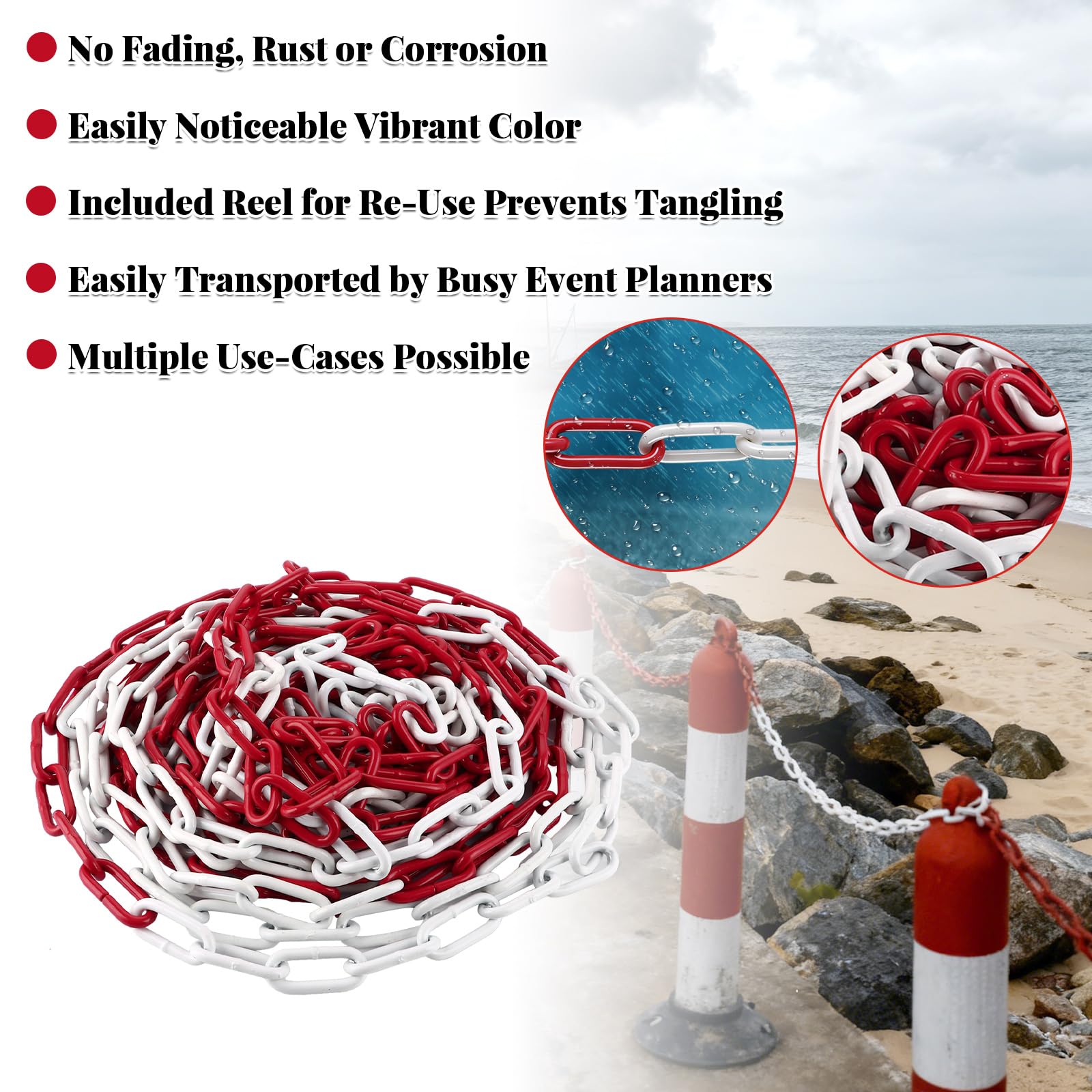 DAJAVE Catena di sicurezza in acciaio da 6 m, 5 mm, colore rosso e bianco, in acciaio zincato, catena in metallo per bloccare superfici, catena di blocco parcheggio