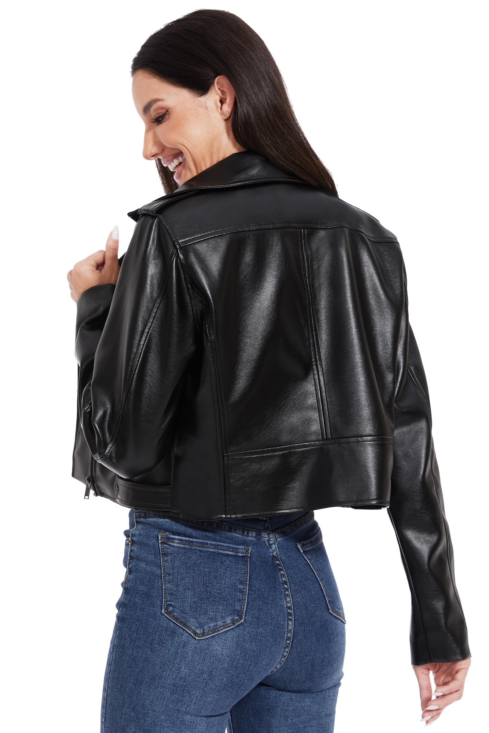 Fahsyee Damen Kunstlederjacke Kurze Biker Blazer Slim Fit Schwarz S-XXL