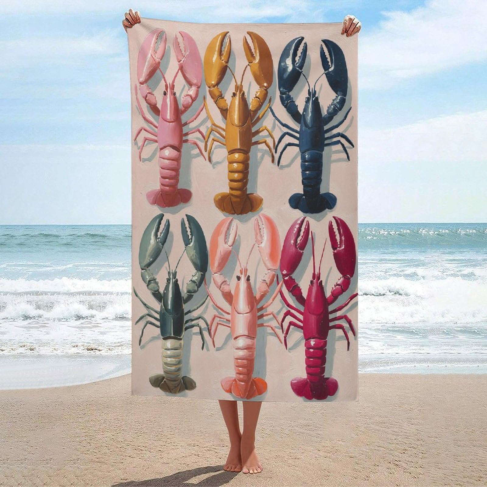 LSRCPD Cute Lobsters Visible Brushstrokes Beach Towel Sand Free Microfiber Large Shower Towels Multipurpose Absorbent for Bathroom Pool 130x80 CM