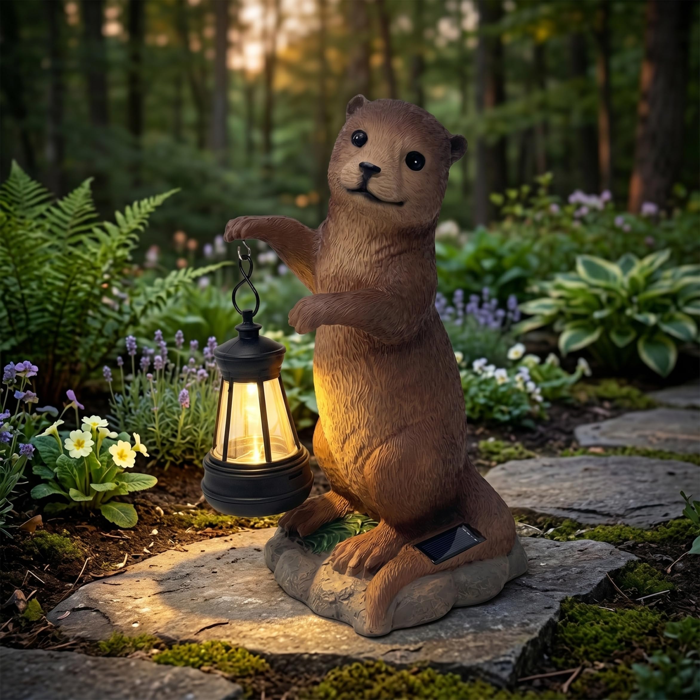 Faticenic Solar Garden Statues 8 inch Otter Figurine Resin Outdoor Figurine Lights with Lantern, Dark Brown, Otter, Garden Décor