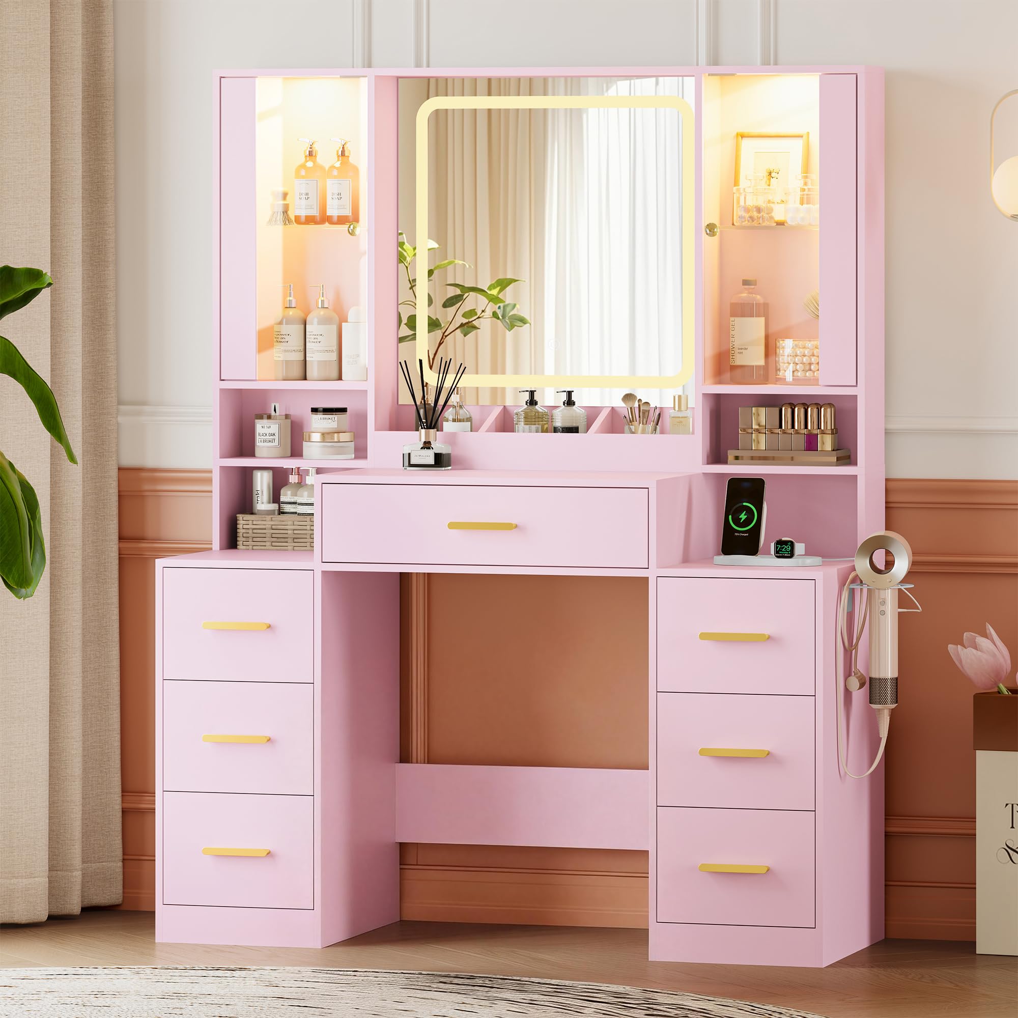 Amazon.com: HUANLEGO Makeup Vanity Desk with Mirror and Lights, Pink Vanity Mirror with Lights Desk and 7 Drawers & LED Glass Cabinet, Dressing Table Set with Power Outlet for Girls Women, 3 Amazon.com: HUANLEGO Makeup Vanity Desk with Mirror and Lights, Pink Vanity Mirror with Lights Desk and 7 Drawers & LED Glass Cabinet, Dressing Table Set with Power Outlet for Girls Women, 3