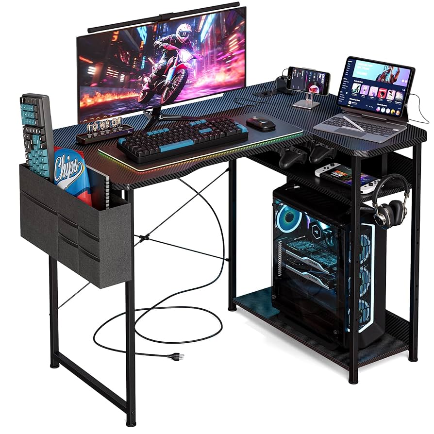 L 字デスク 幅107cm 収納ラック 収納袋付き 左右入替可 ゲーム ブラック Amazon | YeTom ゲーミングデスク l字デスク pcデスク 右棚左棚