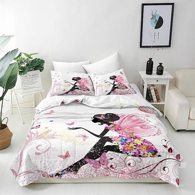 ANHOPE Flower Fairy Duvet Cover Set Soft Microfibre Polyester Quilt Cover 3 PCS Bedding Set with 2 Pillowcase Butterfly Floral Print Pattern Comforter Cover with Zipper Closure Single (135 x 200 cm)