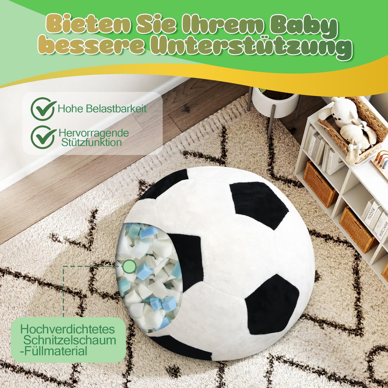 MeMoreCool Sitzsack Kinder Fußball Design – Weicher Flanell Beanbag mit Hochdichter Schaumstoff-Füllung, Gemütlicher Sessel für Jungen & Mädchen im Kuschelecke Kinderzimmer & Spielzimmer