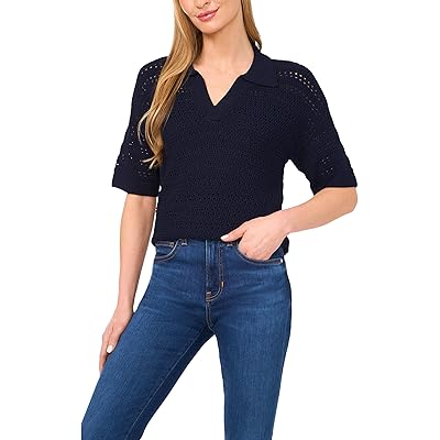 CeCe Open Knit Popover Polo Sweater Women