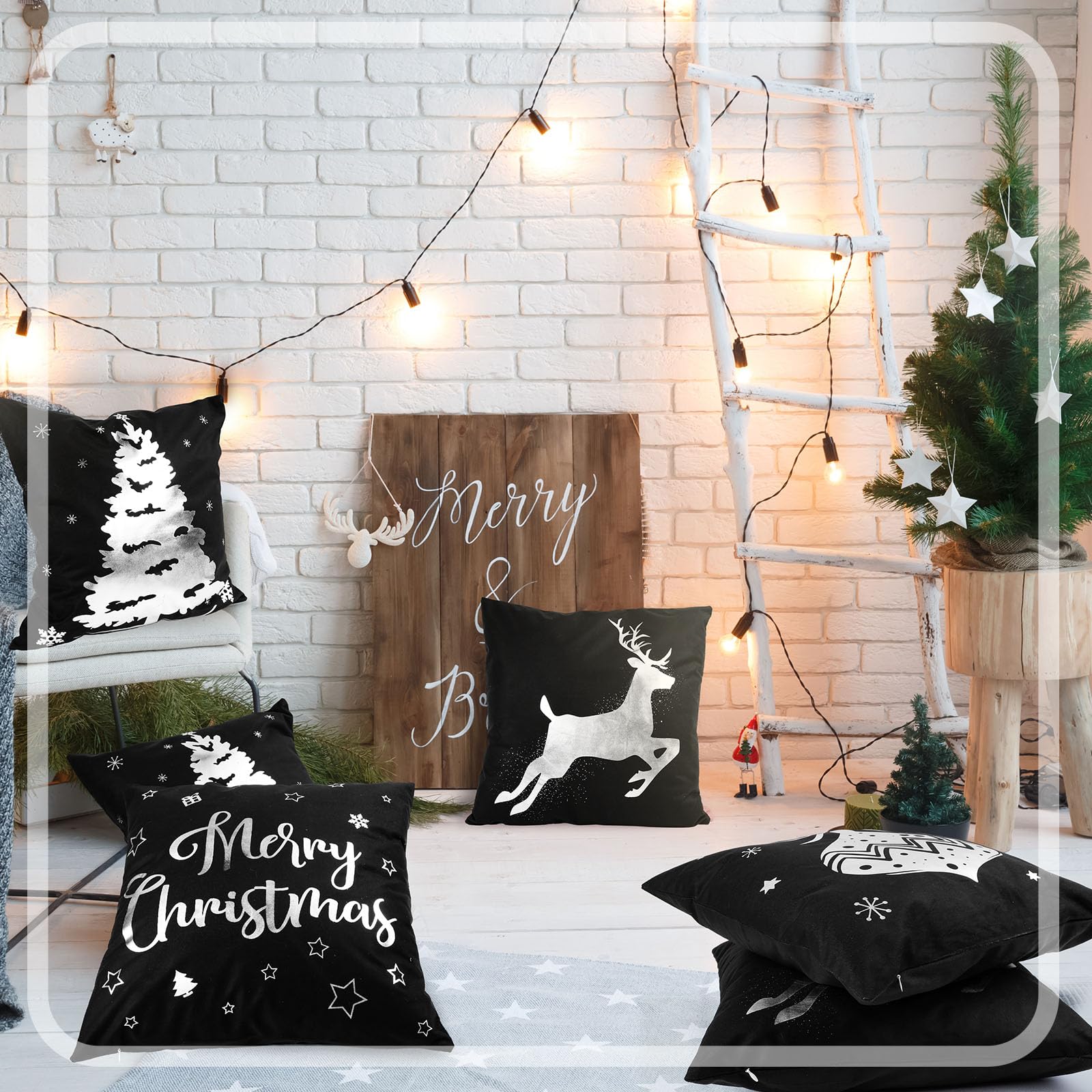 6 Pcs Housses de Coussin de Noël Taies d'oreiller Joyeux Noël Housses d'oreiller en Peluche pour Décoration d'hiver Vacances Canapé Sofa Bureau Chambre 45 x 45 cm (Noir, Argent)
