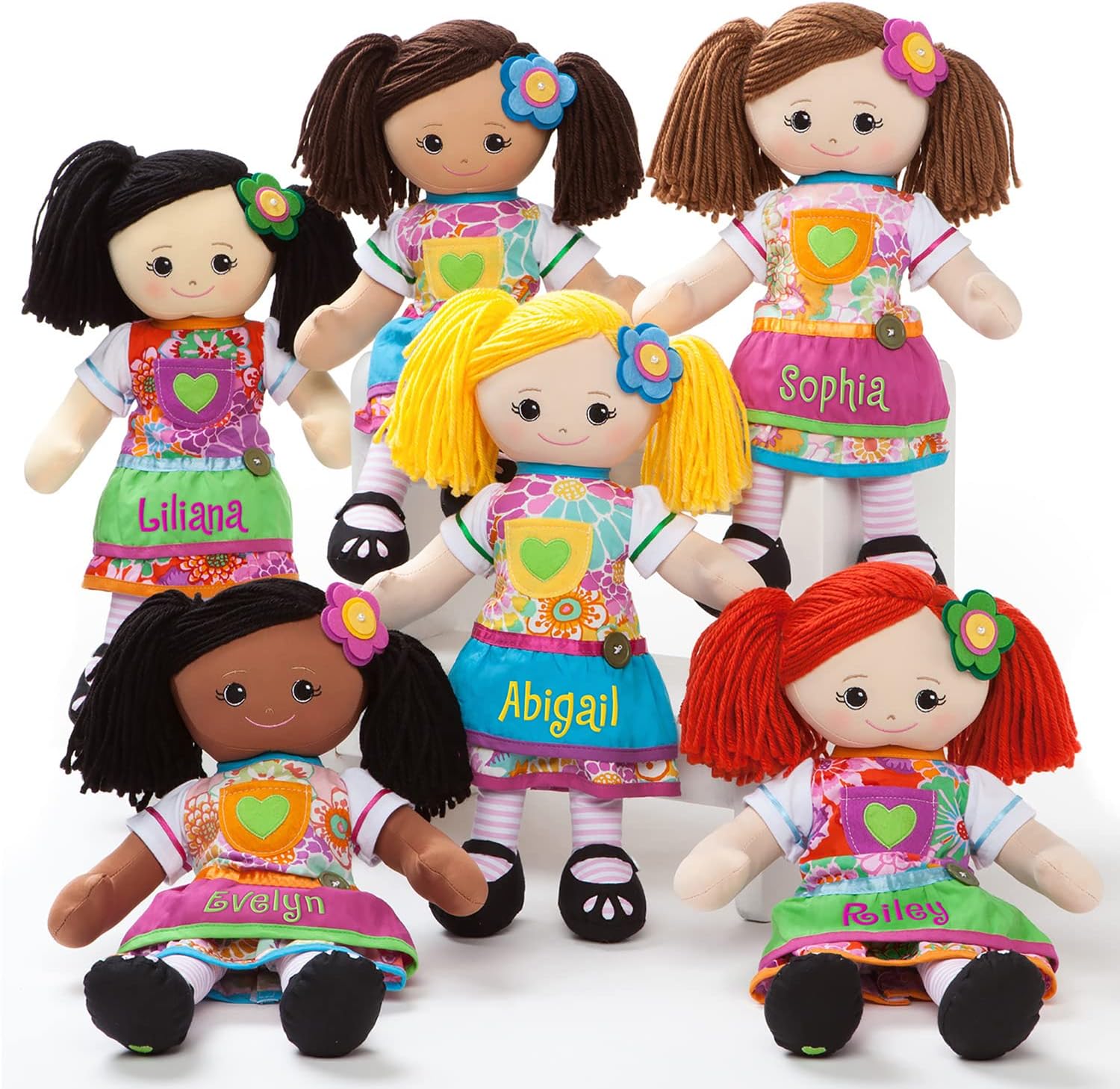 Personalized Planet Rag Doll with Custom Name Embroidered | Black Girl Dressed in Floral Skirt with Stripped Stockings and Pink Apron | Black Hair with Removable Pink Flower Hair Clip