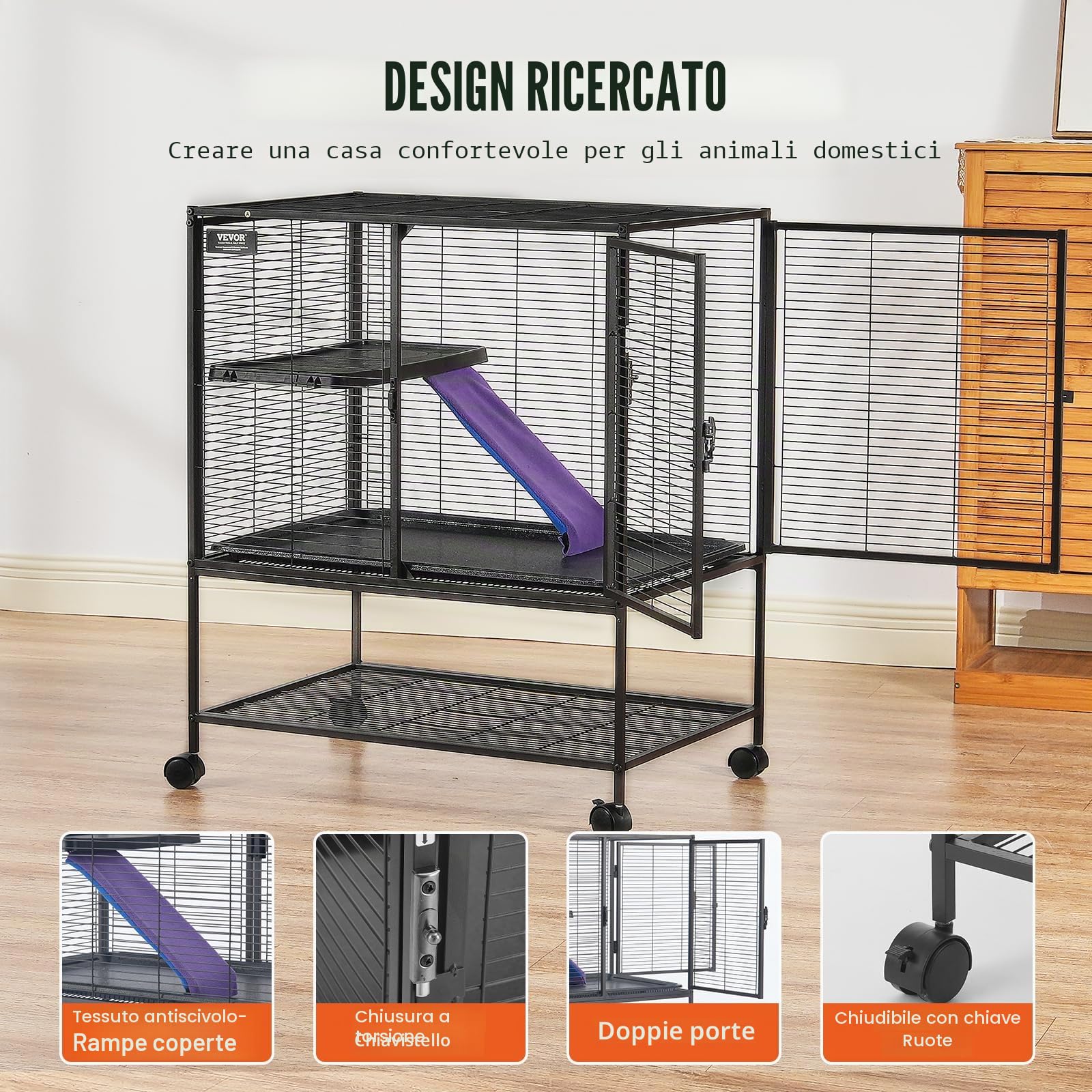 VEVOR Gabbia per Animali in Metallo Rotelle 920 mm, Grande Gabbia a 2 Livelli, Facile Installare Gabbia per Animali con Rampe e Vassoio, Ruote Bloccabili, Ampio Ripiano di Stoccaggio