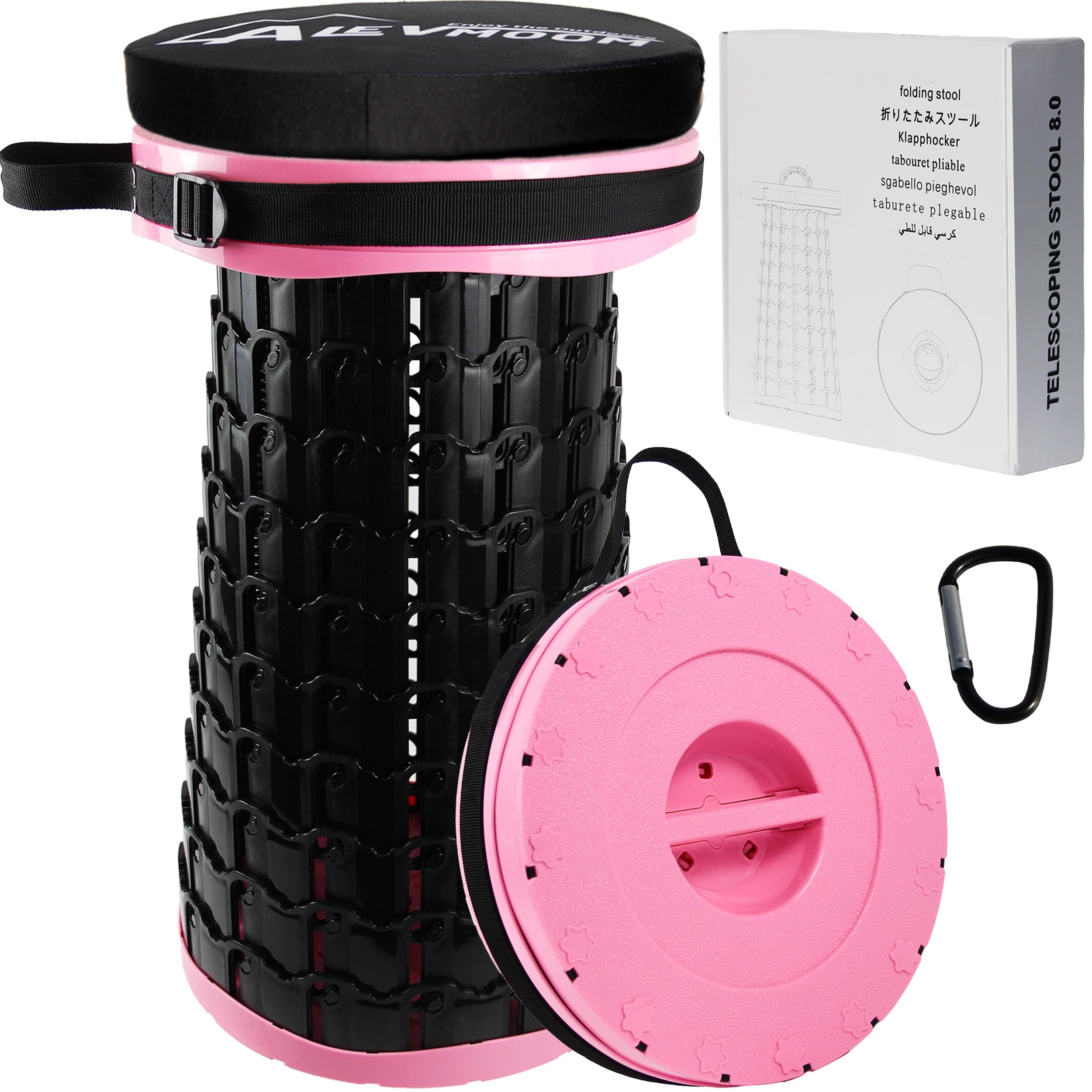 ALEVMOOM Upgraded XXL Collapsilbe Stool with Cushion,More Sturdy and Height 19.7“,D11.8”,Portable and Lightweight Adjustable Telescoping Stool for Camping Hiking BBQ Max Loading 1000Ibs