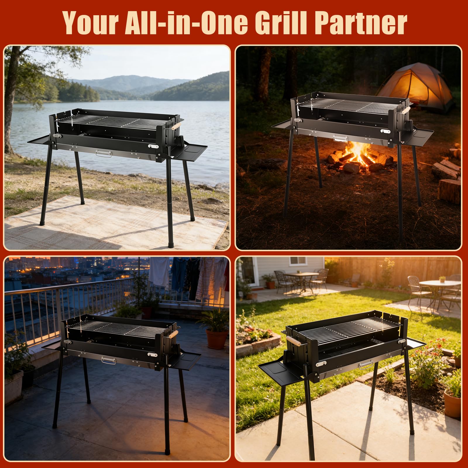 Denmay Großer Klappgrill tragbarer Camping Grill mit Gestell, Picknickgrill inklusive Grillrost, Holzkohlegrills Grill BBQ Portable, Tischgrill Campinggrill, Mangal Grill Schaschlik