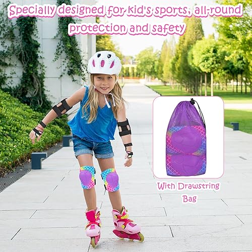 Miniatura 7 de Rodilleras para niños, juego de equipo de protección ajustable con bolsa de malla, rodilleras y coderas, protector de muñeca para niñas, patines de
