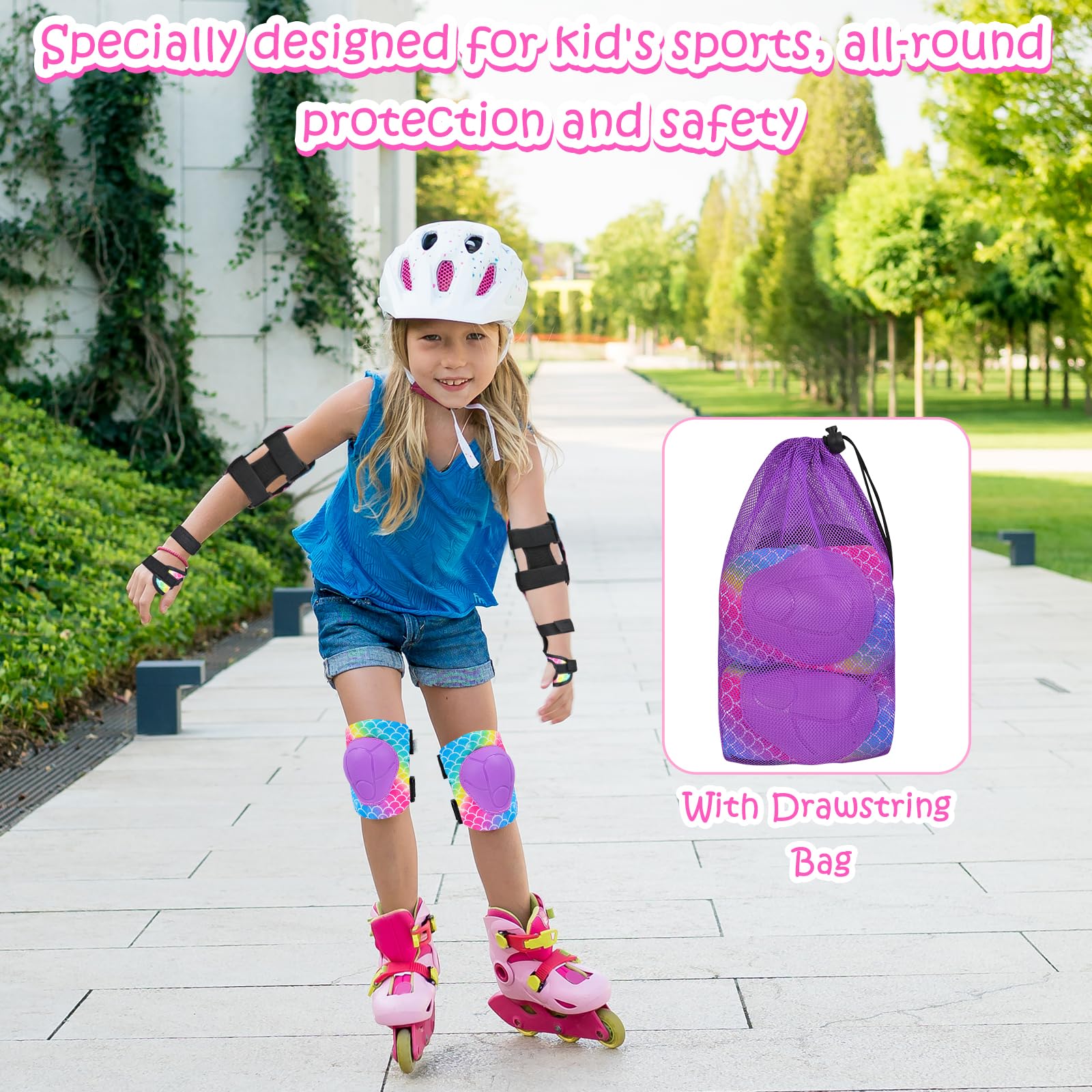 Knee Pads for Kids Elbow Pads Wrist Guards with Drawstring Mesh Bag - Image 2