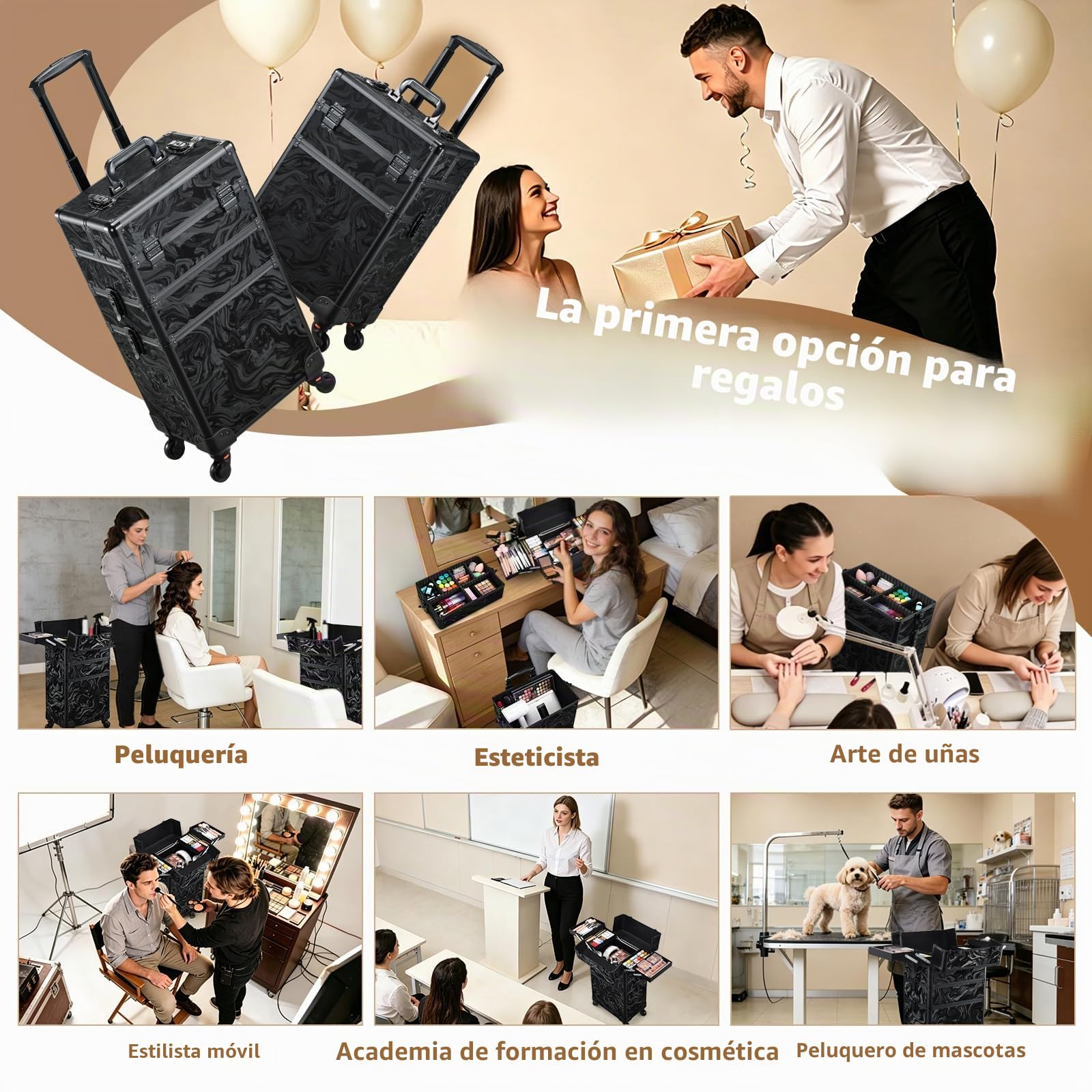 Maleta Maquillaje Profesional 3 en 1 Maletin Maquillaje con Ruedas Organizador de Maquillaje Maleta de peluquería Grande Maletín de uñas Multifuncional Caja Maquillaje Profesional, Alpes Negro