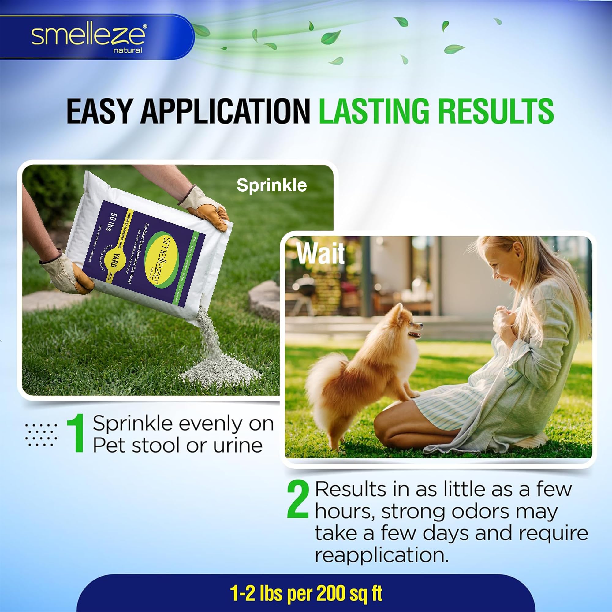 SMELLEZE Desodorante natural para eliminar olores de patio y hormigón: 50 libras. Los gránulos eliminan el olor de orina y heces de mascotas al aire libre. Larga duración. Seguro para personas,