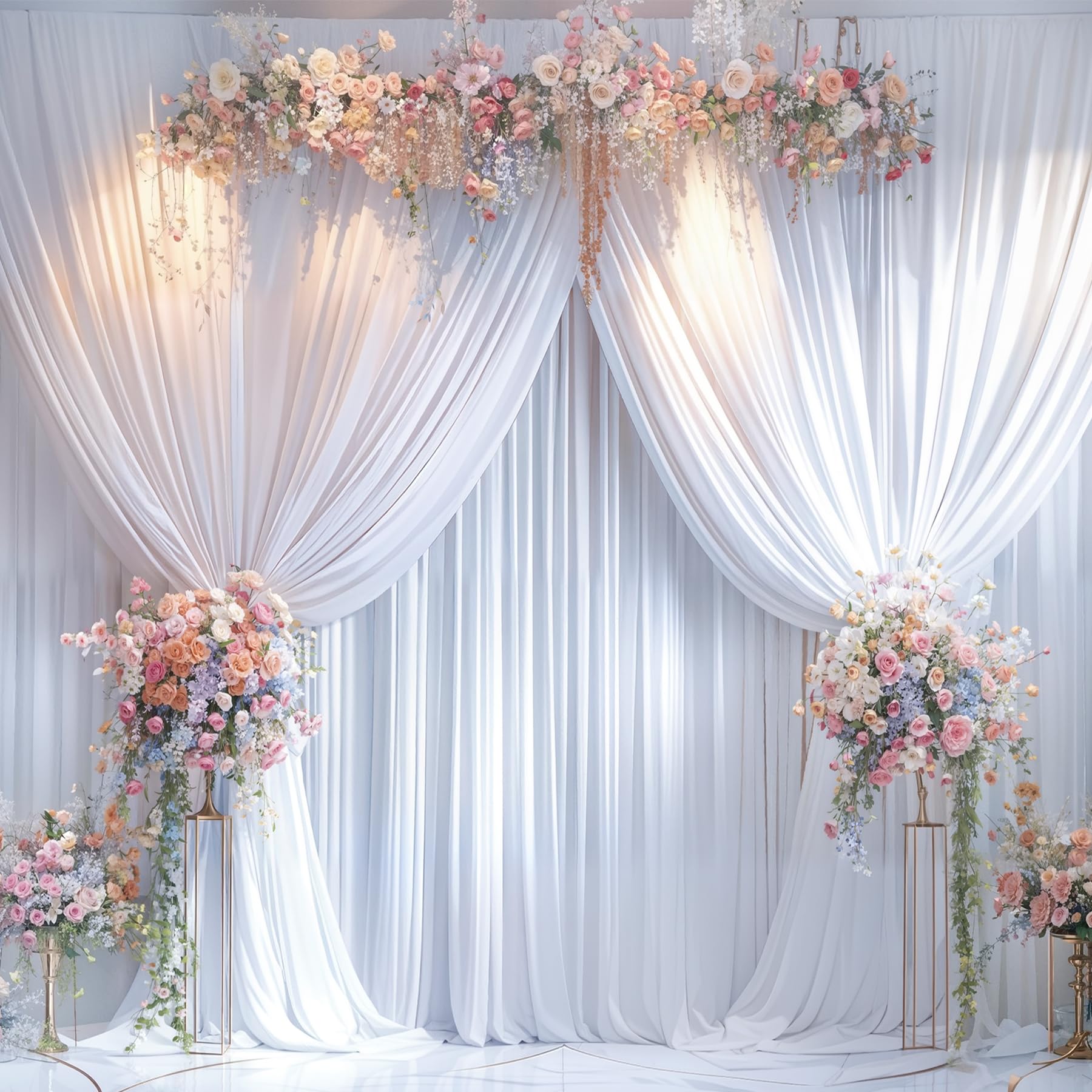 10 Panels White Backdrop Curtain for Parties Wedding Wrinkle Free White Photo Curtains Backdrops Drapes Fabric Decoration for Baby Shower Birthday Party 50ft(W) x 10ft(H)