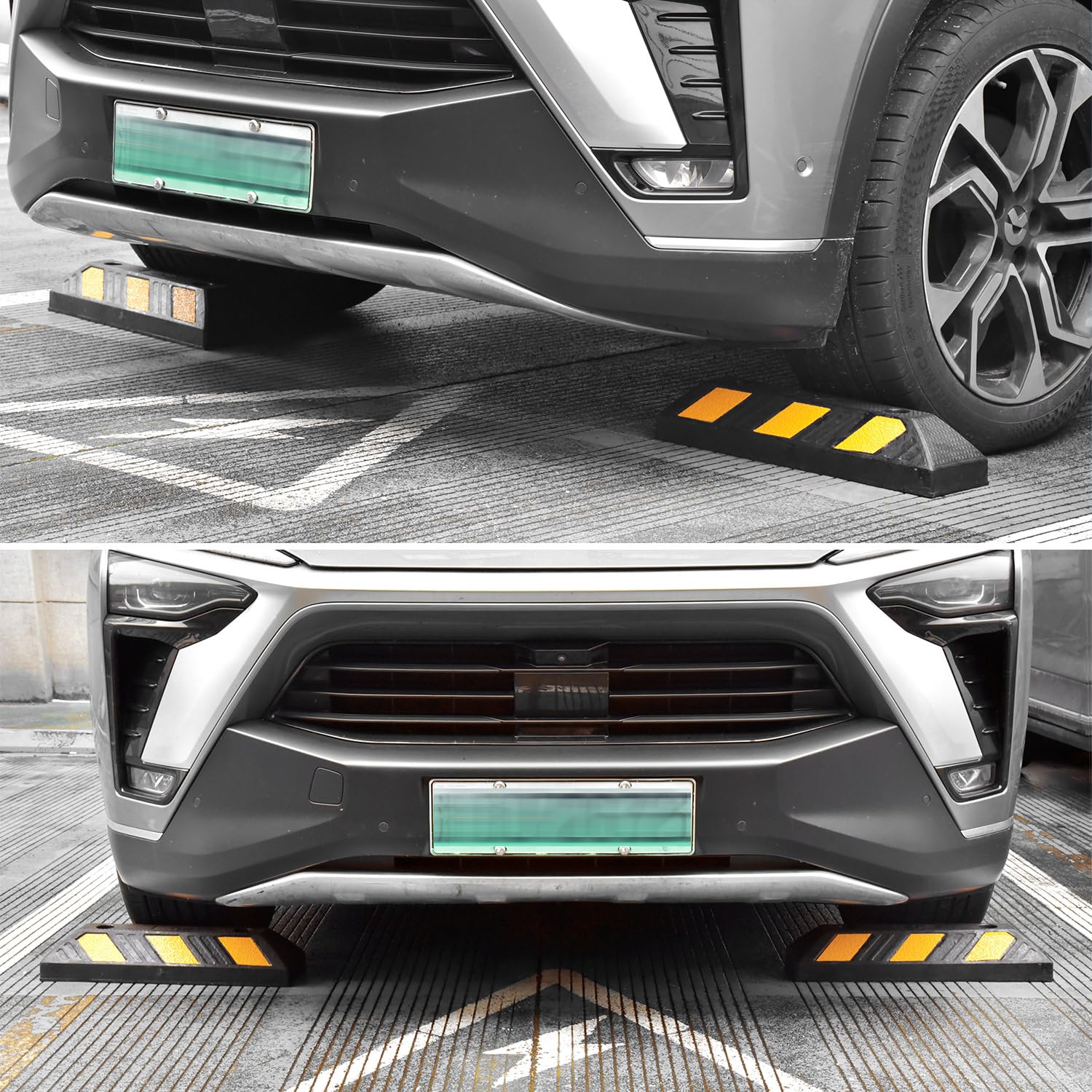 Paquete de 4 bordillos de estacionamiento de goma de alta resistencia de 55 cm, kits de instalación incluidos, tope de piso de garaje de estacionamiento, tapón de rueda para vehículos