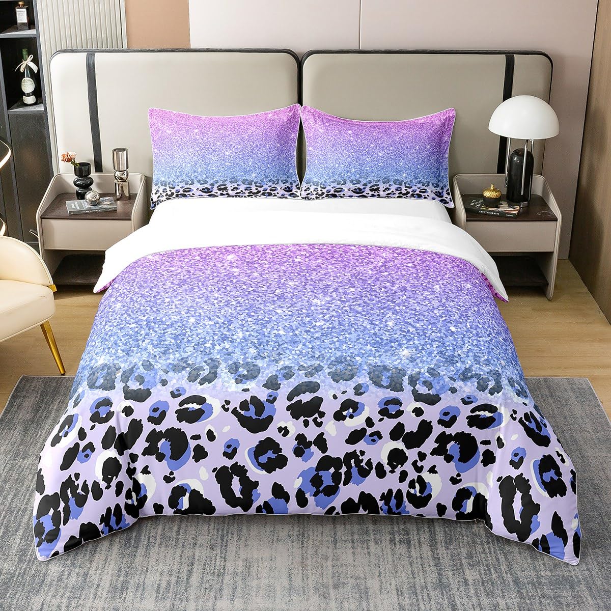 Glittering Pink Blue 100% Cotton Duvet Cover,Leopard Print Wild Animal Cheetah Fur Breathable Comforter Cover,Rainbow Holiday Party Decor Comforter Cover 3 Pcs with 2 Pillowcases Super King Size