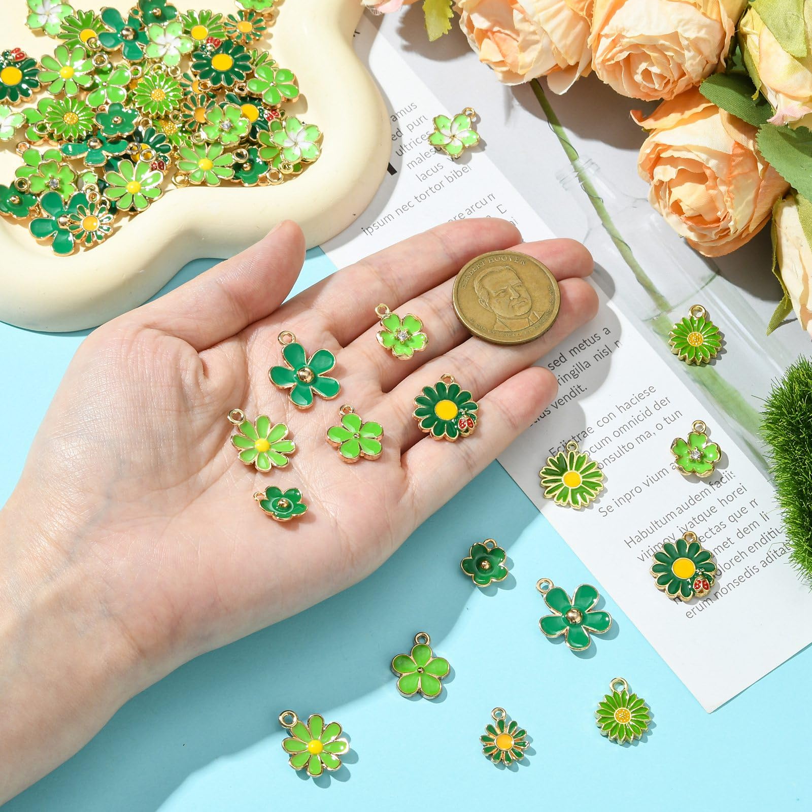 Stiesy 60Pcs 10 Style Enamel Flower Charms Green Small Flower Pendant Charm Daisy with Ladybird Charms Cherry Blossom Sunflower Alloy Charms for Jewelery Making Bracelet Crafting Necklaces Present - Image 4