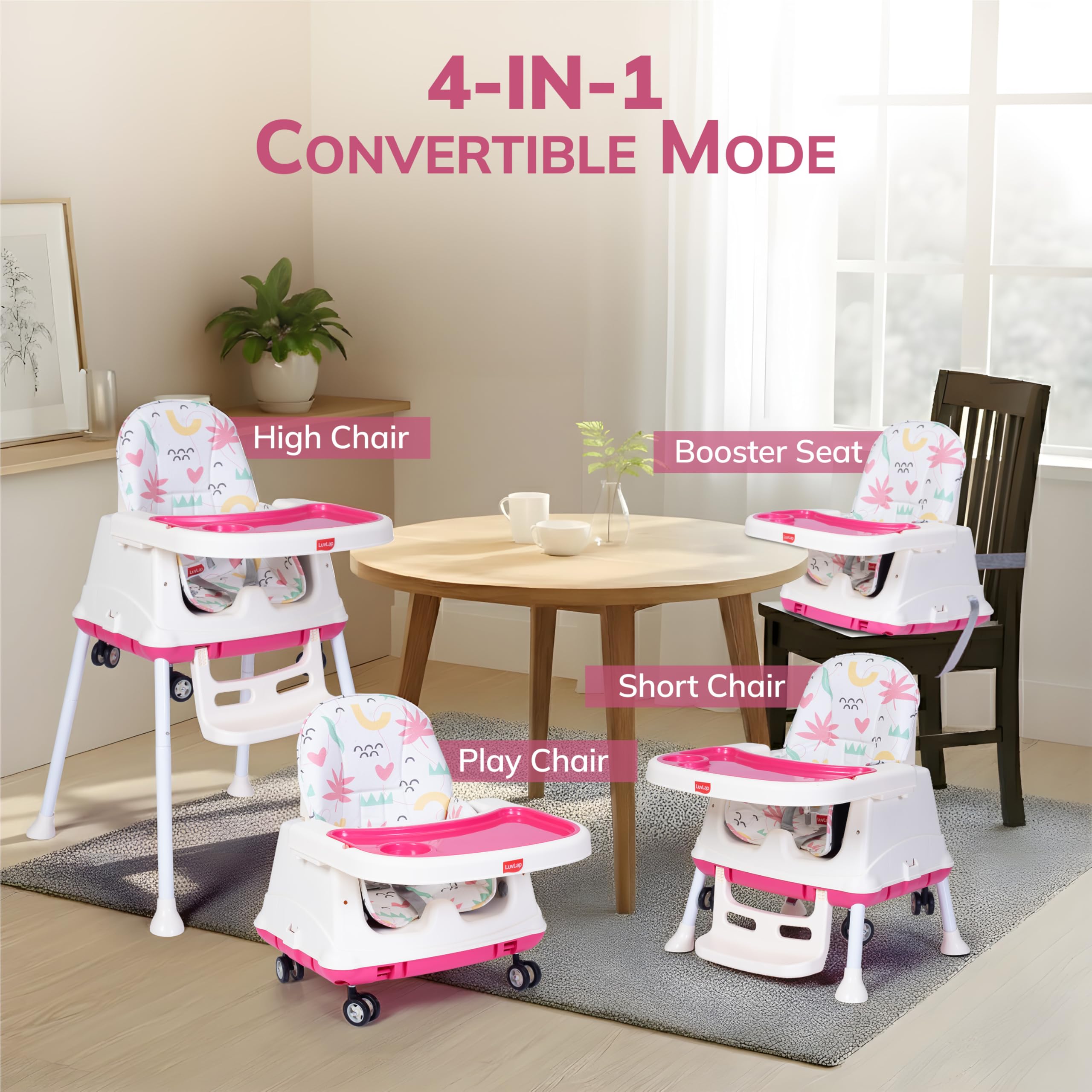 LuvLap 4 in1 High Chair for Baby/Kids, Toddler Feeding Booster Seat with Wheels, PVC Cloth, 3 Height adjustments, with Cushion, 6 Month to 3 Years, Portable (White & Pink) 1
