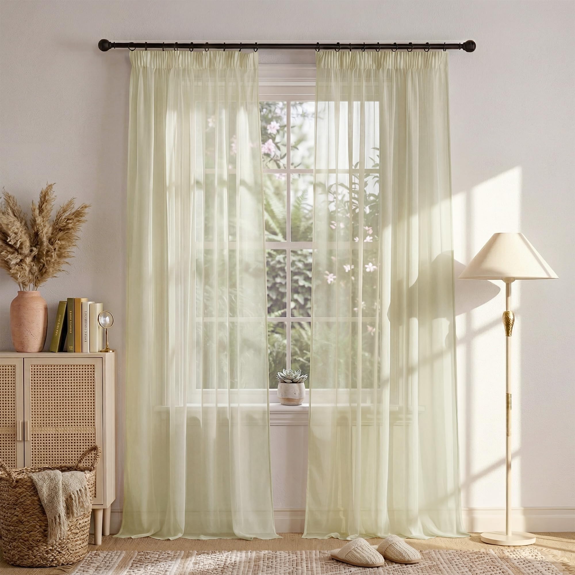 PONY DANCE Net Curtains 55x96 inches - Pencil Pleat Semi Transparent Voile Panels, Extra Long Lightweight Sheer Curtains for Bedroom/Living Room, Set of 2, Creamy Beige