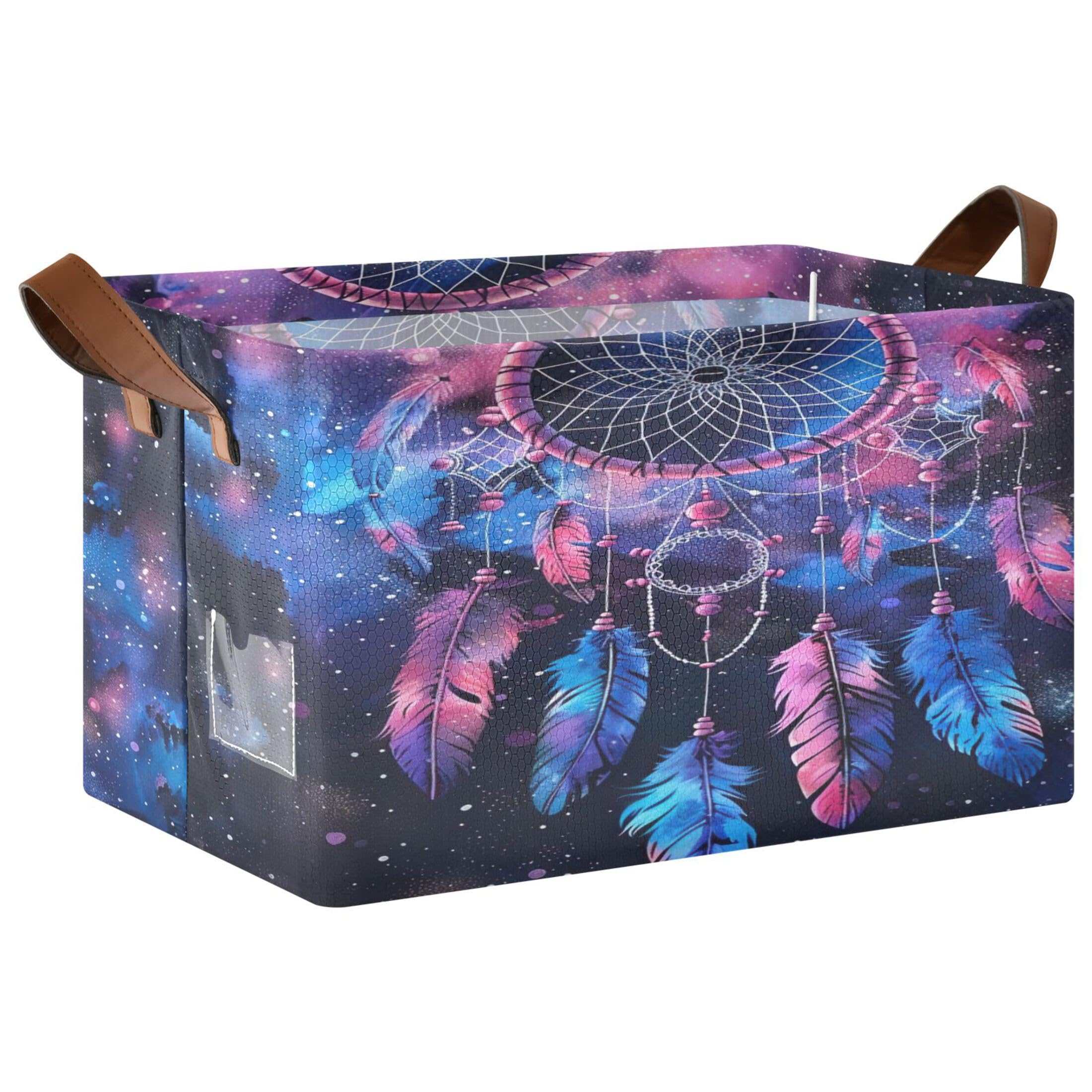 Kutsu Foldable Storage Basket Dreamcatcher Collapsible Storage Bin with Handles for Shelves, Rectangle Basket for Home Nursery Decor, 16.9x11.4x10 in
