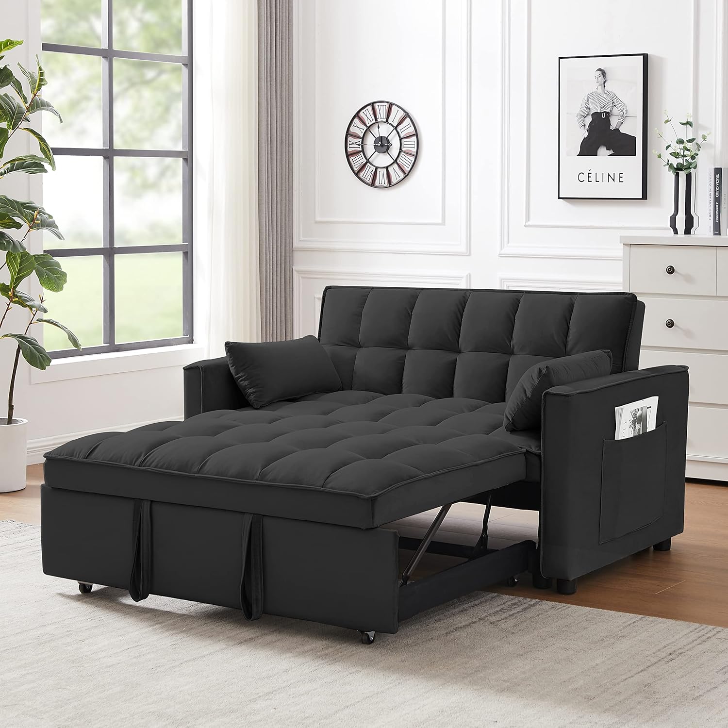 Convertible Sleeper Sofa Bed, 3 in 1 Modern Velvet Loveseat Futon Sofa Couch with Pullout Bed Reclining Backrest Toss Pillows Pockets for Living Room(Black)