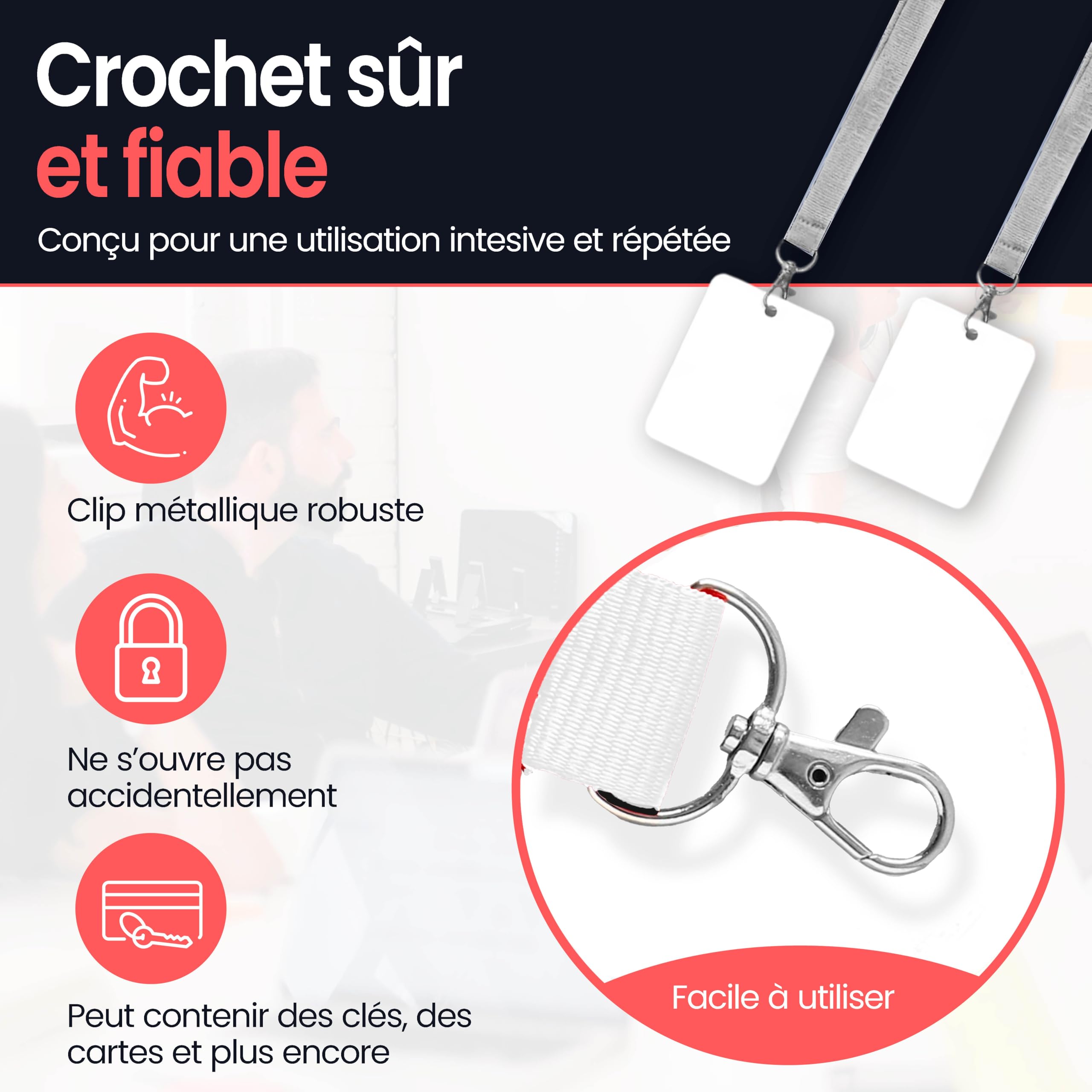 Pack Cordons Pour Badge Avec Mousqueton Métallique - Lanyard Polyester 2cm x 46cm - Tour De Cou Porte Badge Pour Clés, USB, Cartes ID Et Accessoires