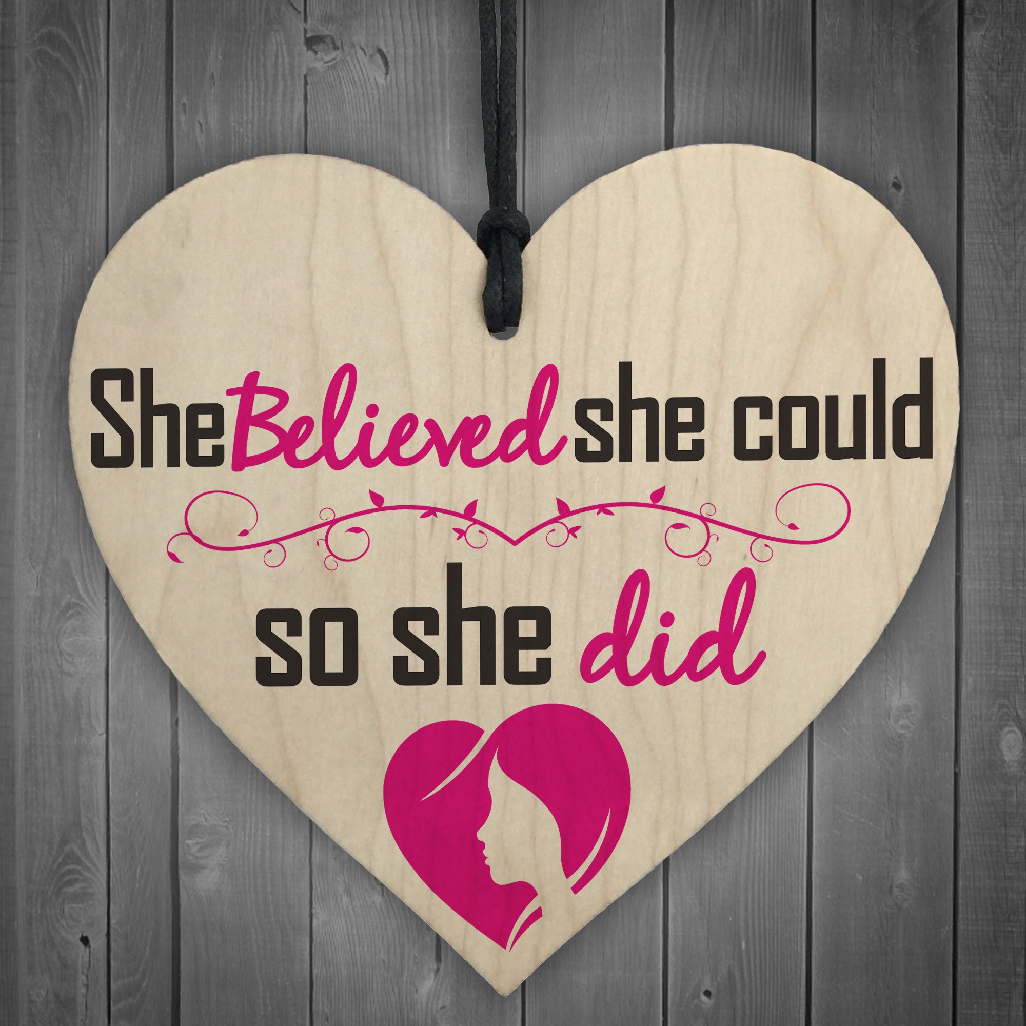 Red Ocean She Believed She Could So She Did Wooden Hanging Heart Gift Motivational Sign