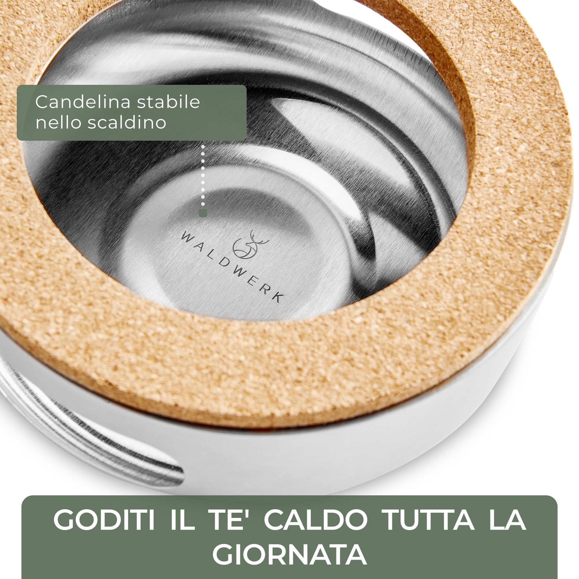 WALDWERK Teiera con scaldino (1,1L) – Teiere con filtro in acciaio inox 304 – Tisaniera in acciaio inox con manici in legno di quercia – 100% antigoccia – Teiera con filtro rimovibile