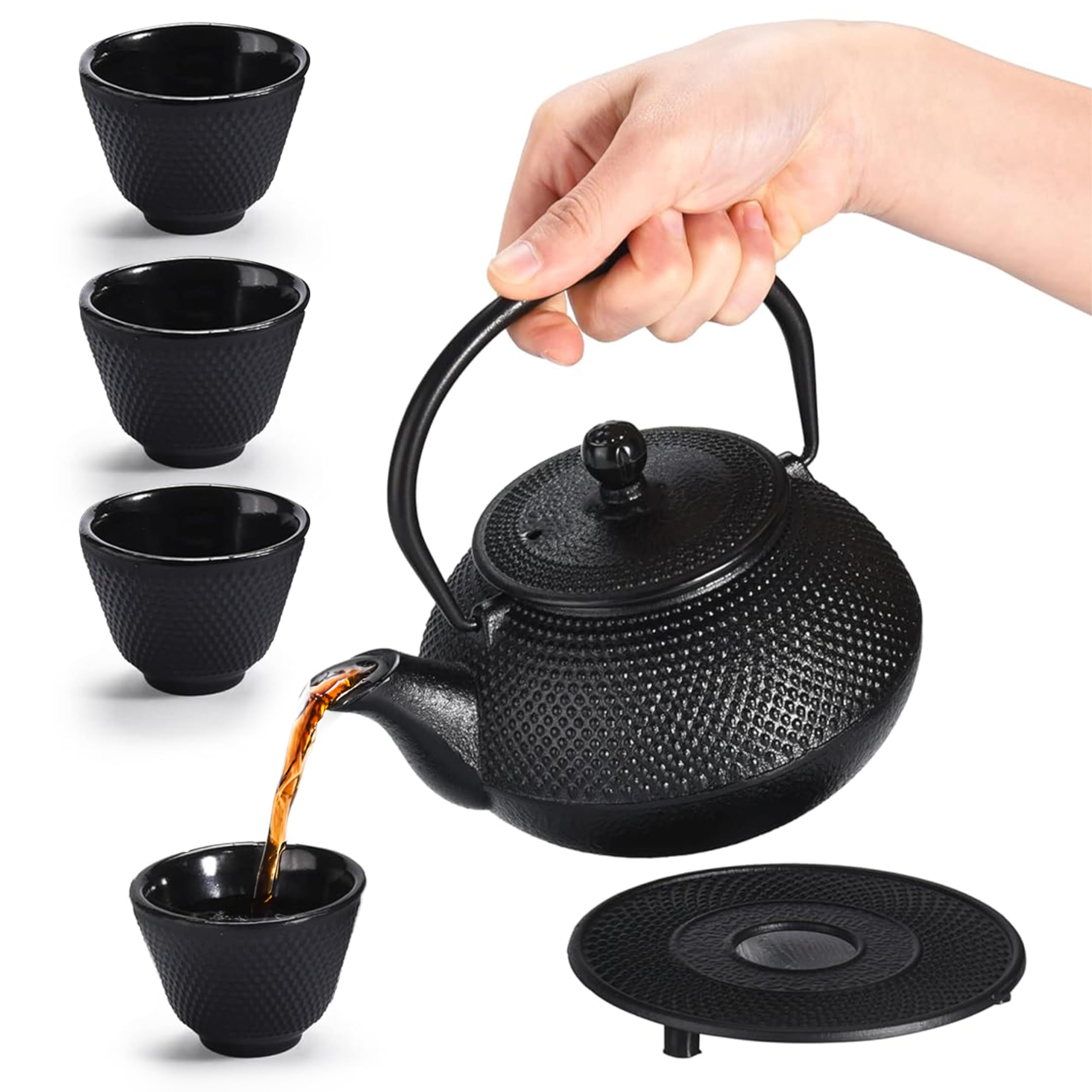 Kitchtic Japanese Coated Cast Iron Teapot Set of 4 - Kettle with Stainless Steel Infuser - Durable Heat Retention Tea Infusers - Japanese Style Kettles Teapots Tea for Home - for Green Tea, Loose Leaf