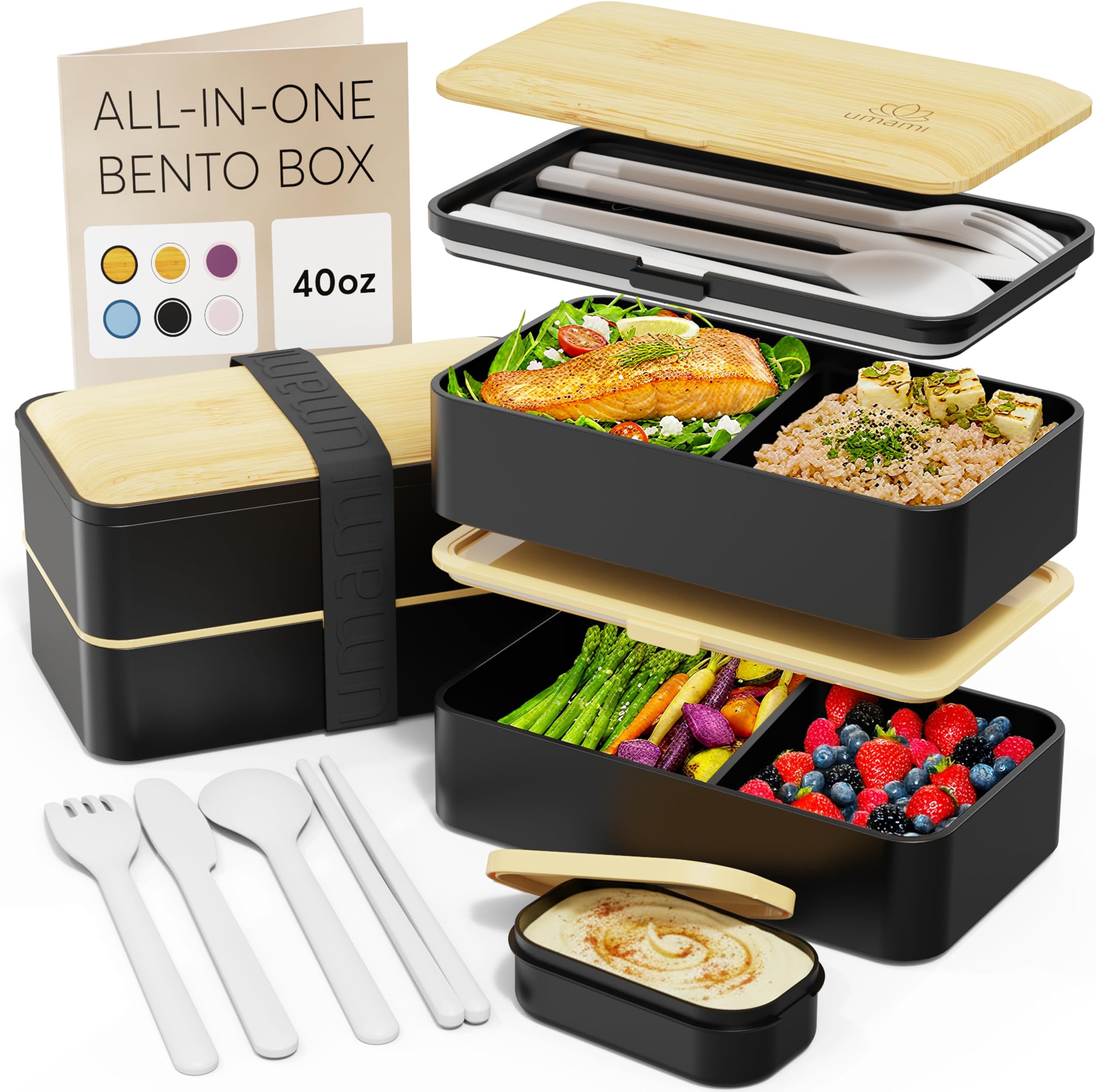Umami Bento Box Adult All-in-1 w/4 Utensils, Big Sauce Jar, 2 Dividers, 100% Leakproof, Microwave & Dishwasher Safe Stackable Bento Lunch Box Containers for Men/Women, Black & Beige, 1200 ml