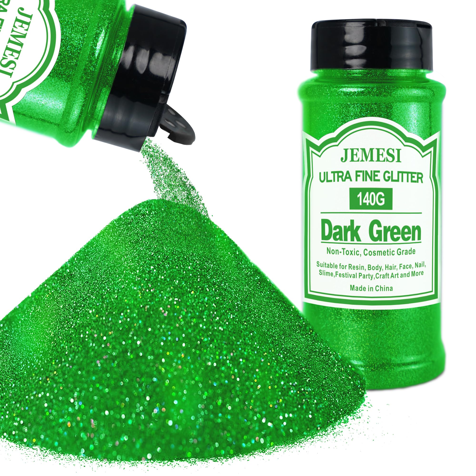 Glitter Olografici Ultrafini, Glitter Di Bellezza, Verde scuro140g, Adatti Per Capelli, Viso, Corpo, Unghie e Trucco Natalizio. Adatti Anche Per Resina Epossidica, Vetro e Lavori Artigianali.