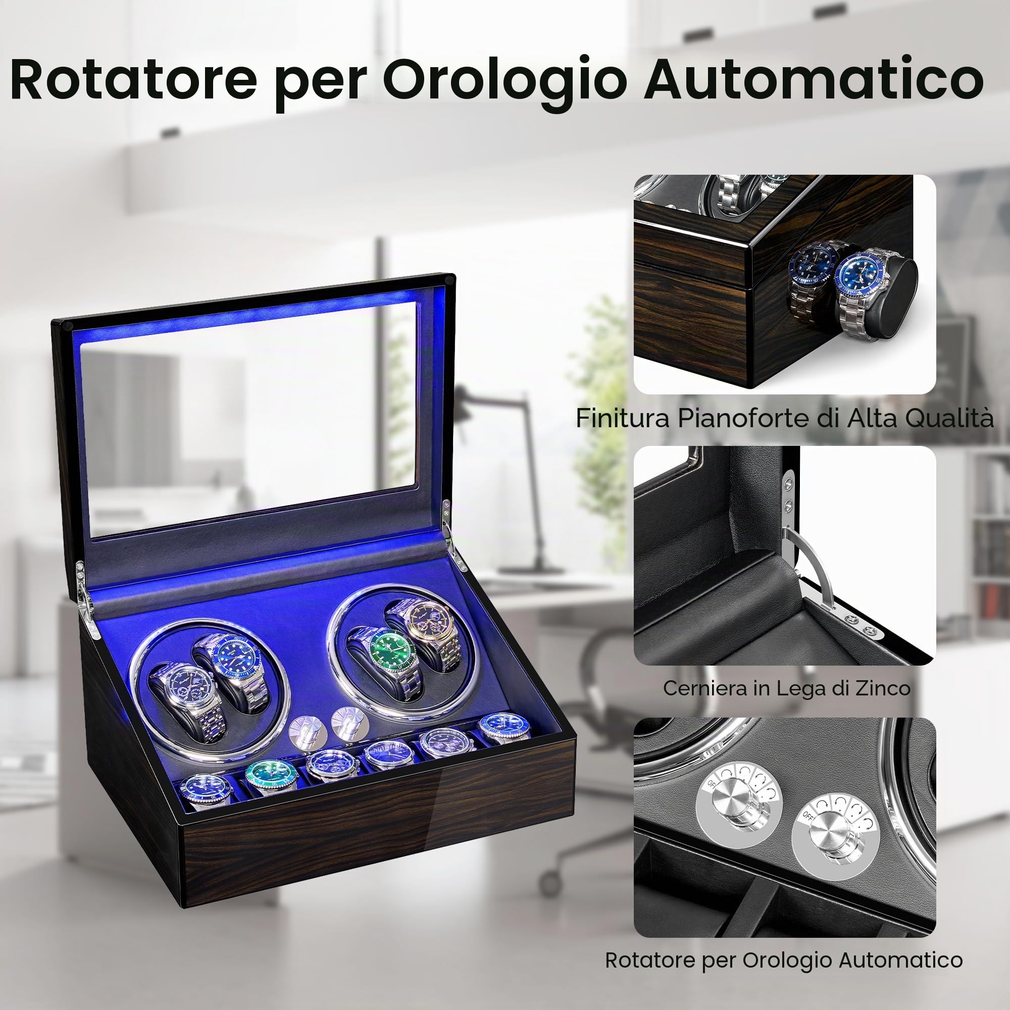 ANWBROAD Caricatore per orologi automatici 4 Rotatori per orologi e 6 scomparti extra con motore Mabuchi super silenzioso Retroilluminazione a LED Gira orologi 4 modalità USB