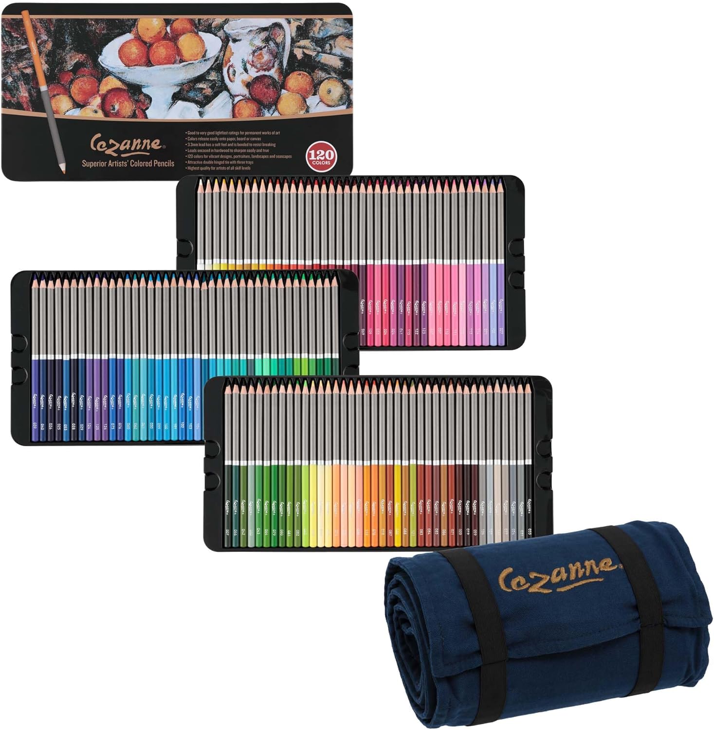 Cezanne Set of 120 Professional Colored Pencils with Canvas Roll-Up Case - Premium, High Pigment Colored Pencils, 3.3mm Diameter Lead and Storage Case with Zipper Pouch - Can Hold up to 120 Pencils