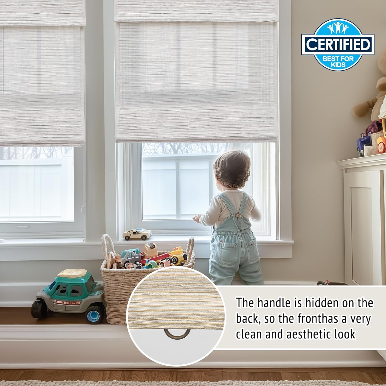 Keego No Drill Roman Shades Thermal Insulating Natural Woven Fabric Cordless Roman Shades Blinds Custom Window Blinds Privacy for Home Almond(with Lining,Block 90% Light