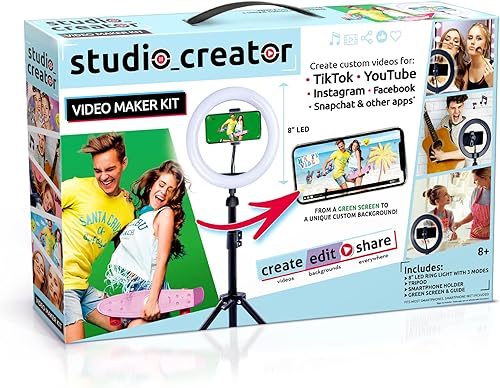 Miniatura 12 de Canal Toys Studio Creator 360 - Kit de creación de video, pantalla verde y trípode, rastreador de cara y movimiento, anillo de luz de 10 pulgadas
