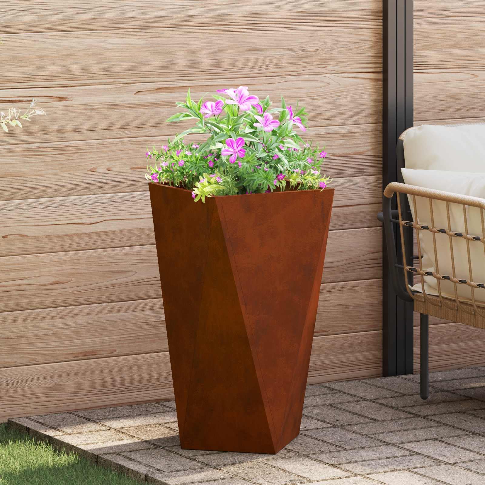 Donica Ogrodowa Stalowa 40x40x75 cm Rdza Rustykalny Pojemnik na Rośliny Dekoracyjny Skrzynia na Kwiaty na Taras Balkon Ogród Patio Odporna na Warunki Atmosferyczne Nowoczesny Design