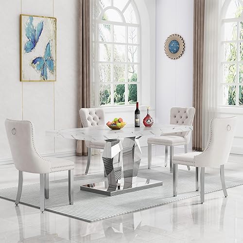Juego de 5 mesas de comedor de mármol sintético, juego de mesa de cocina y comedor para 4, mesa de comedor rectangular blanca de 70 pulgadas con
